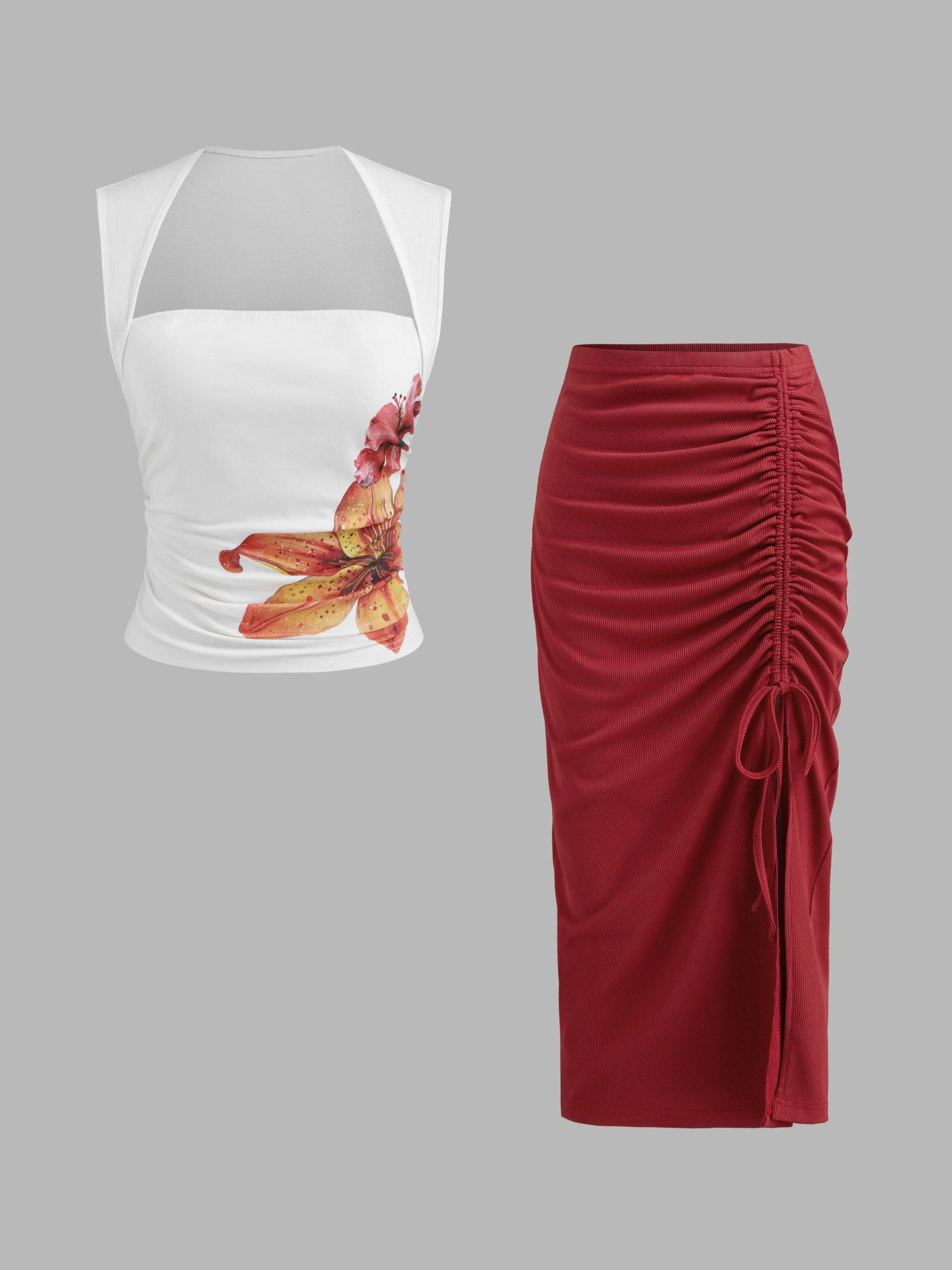 5864-cotton-blend-square-neck-floral-ruched-tank-top-mid-rise-solid-drawstring-midi-skirt-set-1.webp
