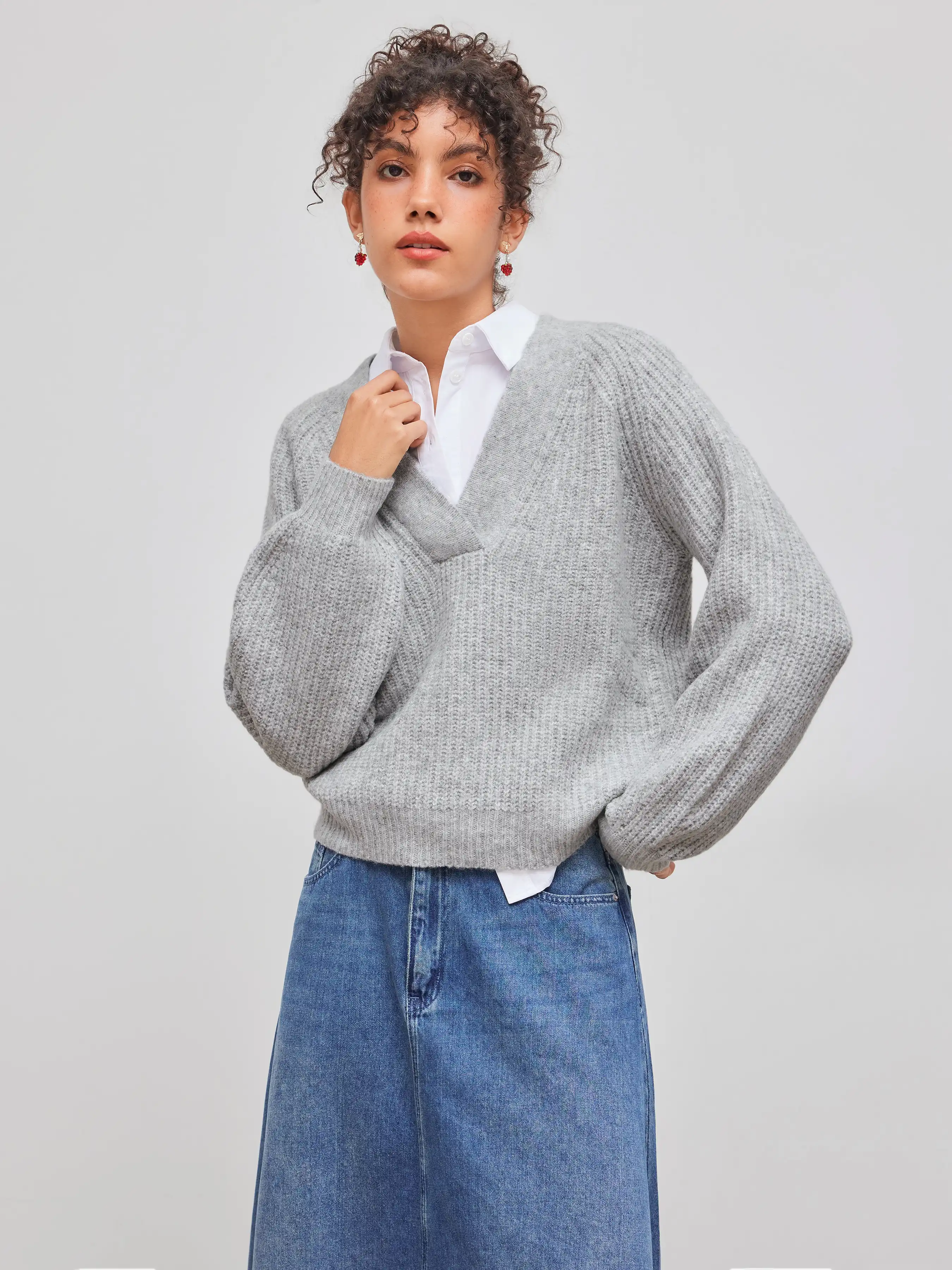 Wool-Blend V-neck Solid Sweater