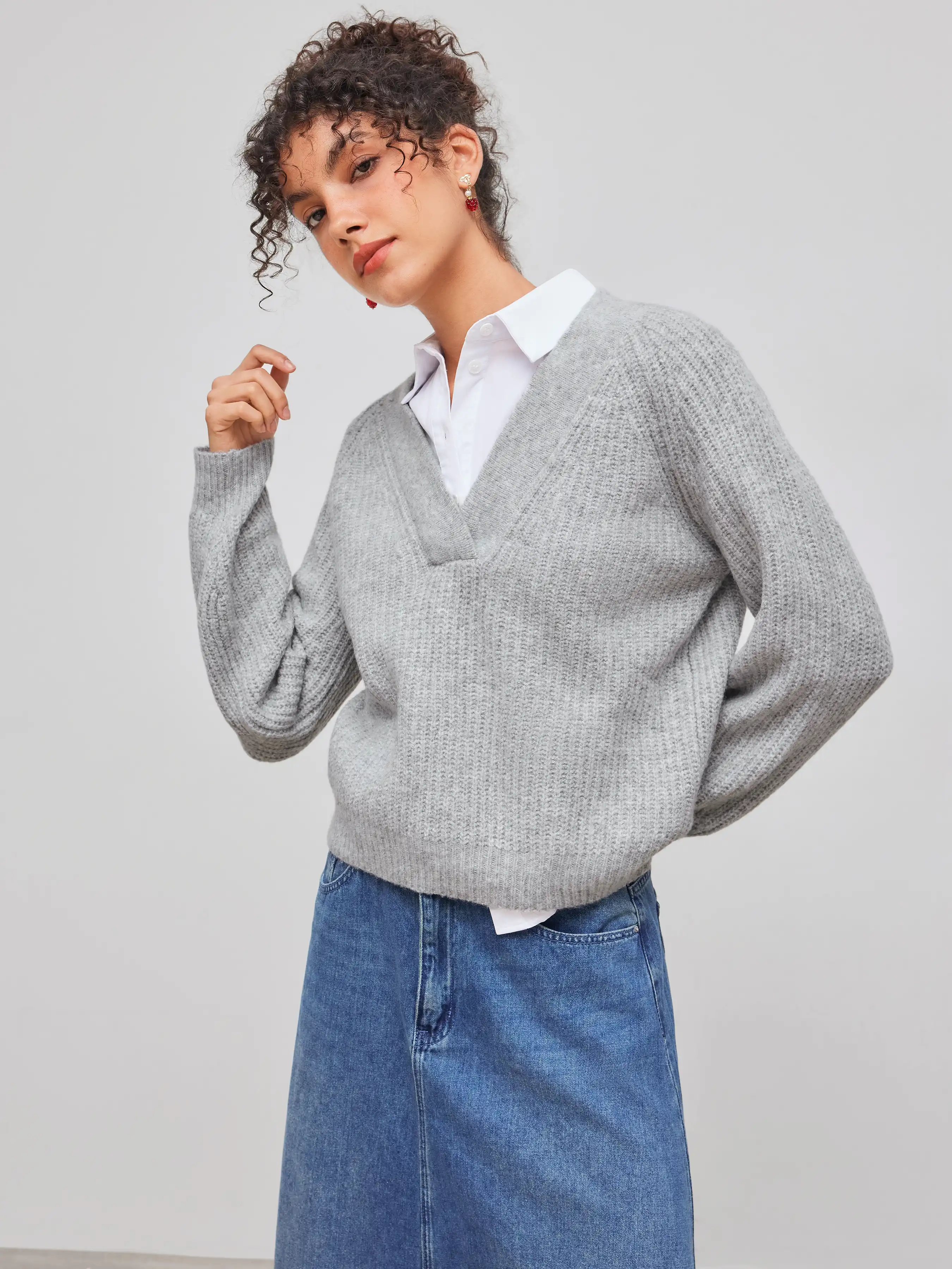 Wool-Blend V-neck Solid Sweater