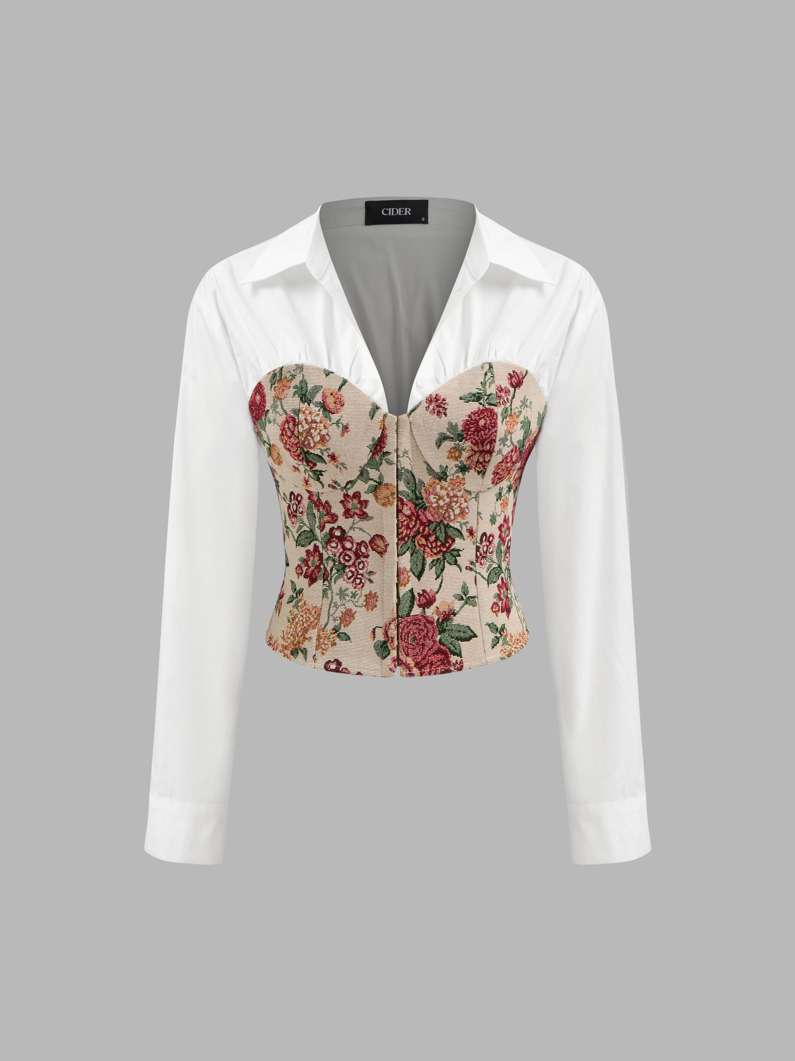 100% Cotton V-neck Collar Floral Patched Corset Long Sleeve Blouse