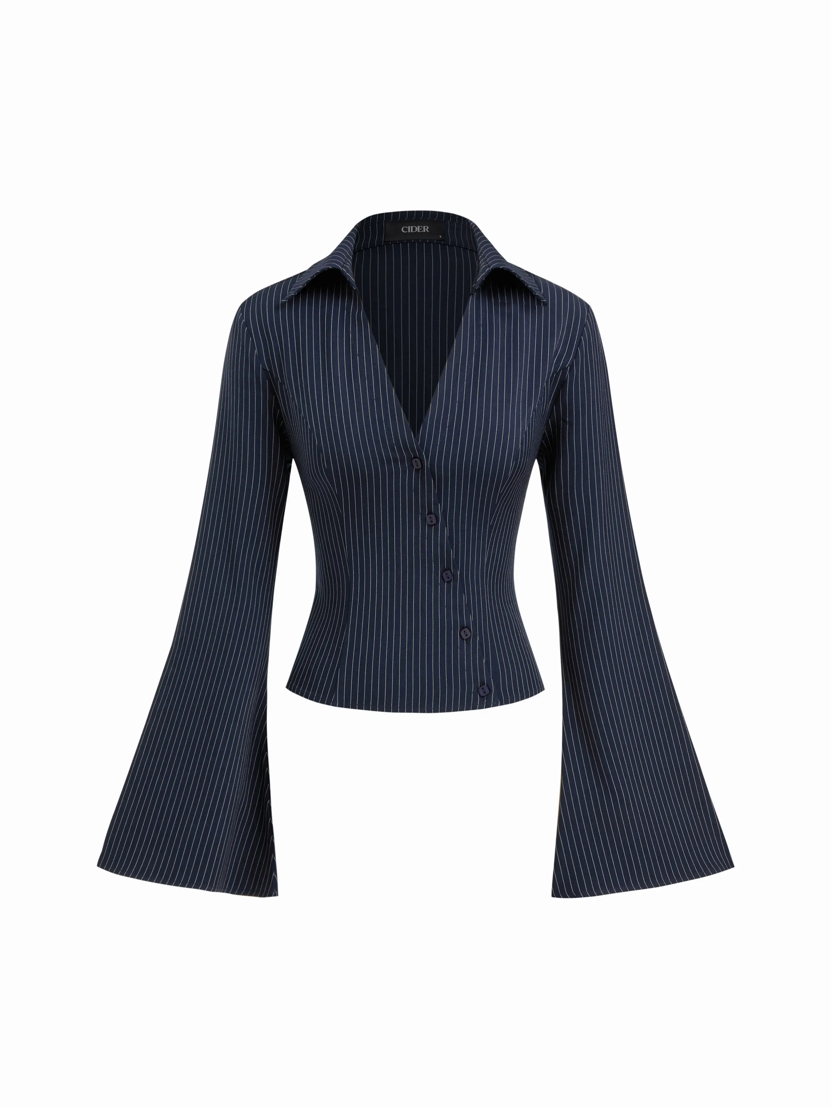 Stripe Collar V-neck Bell Sleeve Asymmetrical Button Shirt