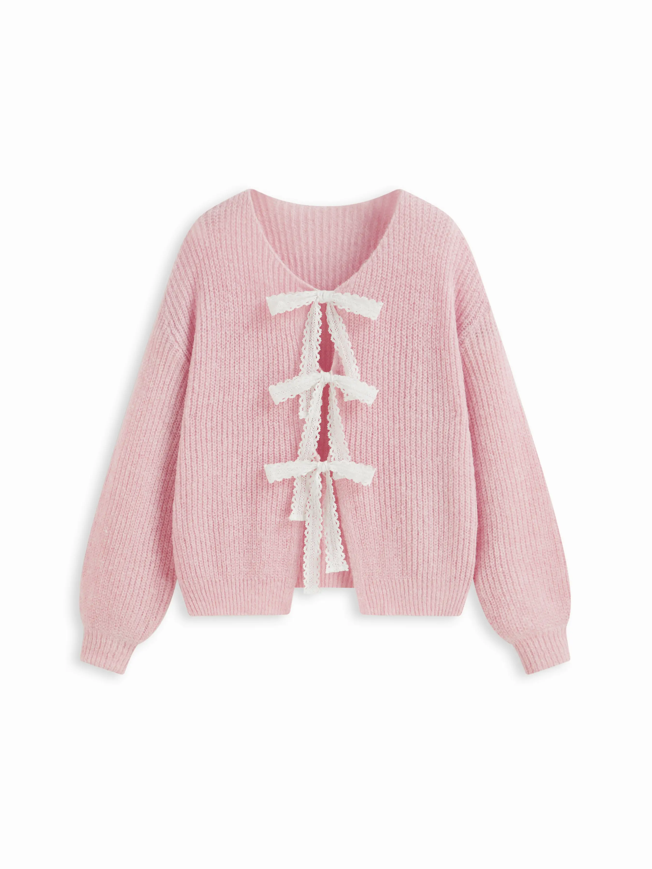 Knit V-neck Long Sleeve Tie Front Bow Oversized Cardigan