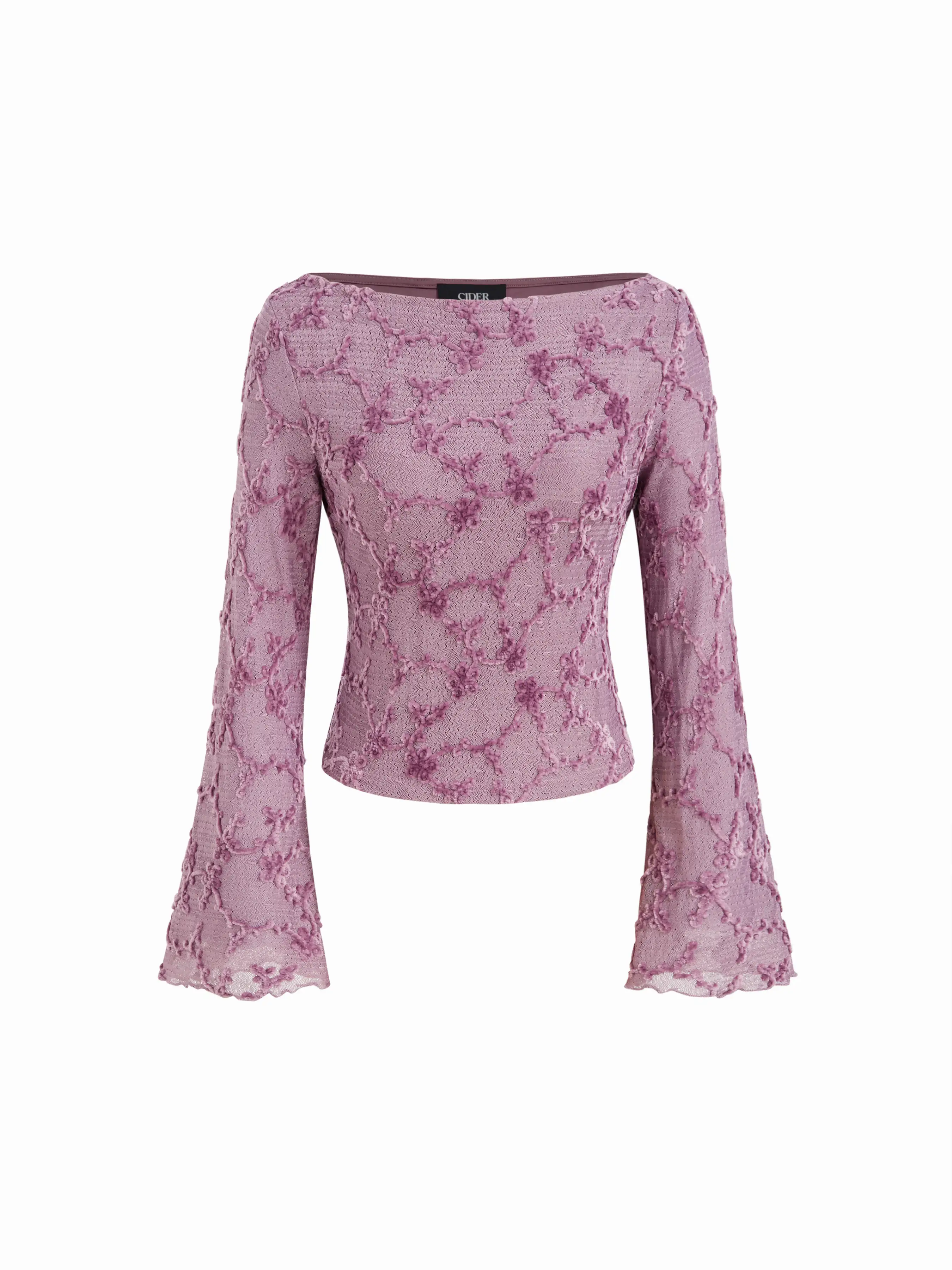 Boat Neck Applique Floral Lettuce Trim Bell Sleeve Blouse