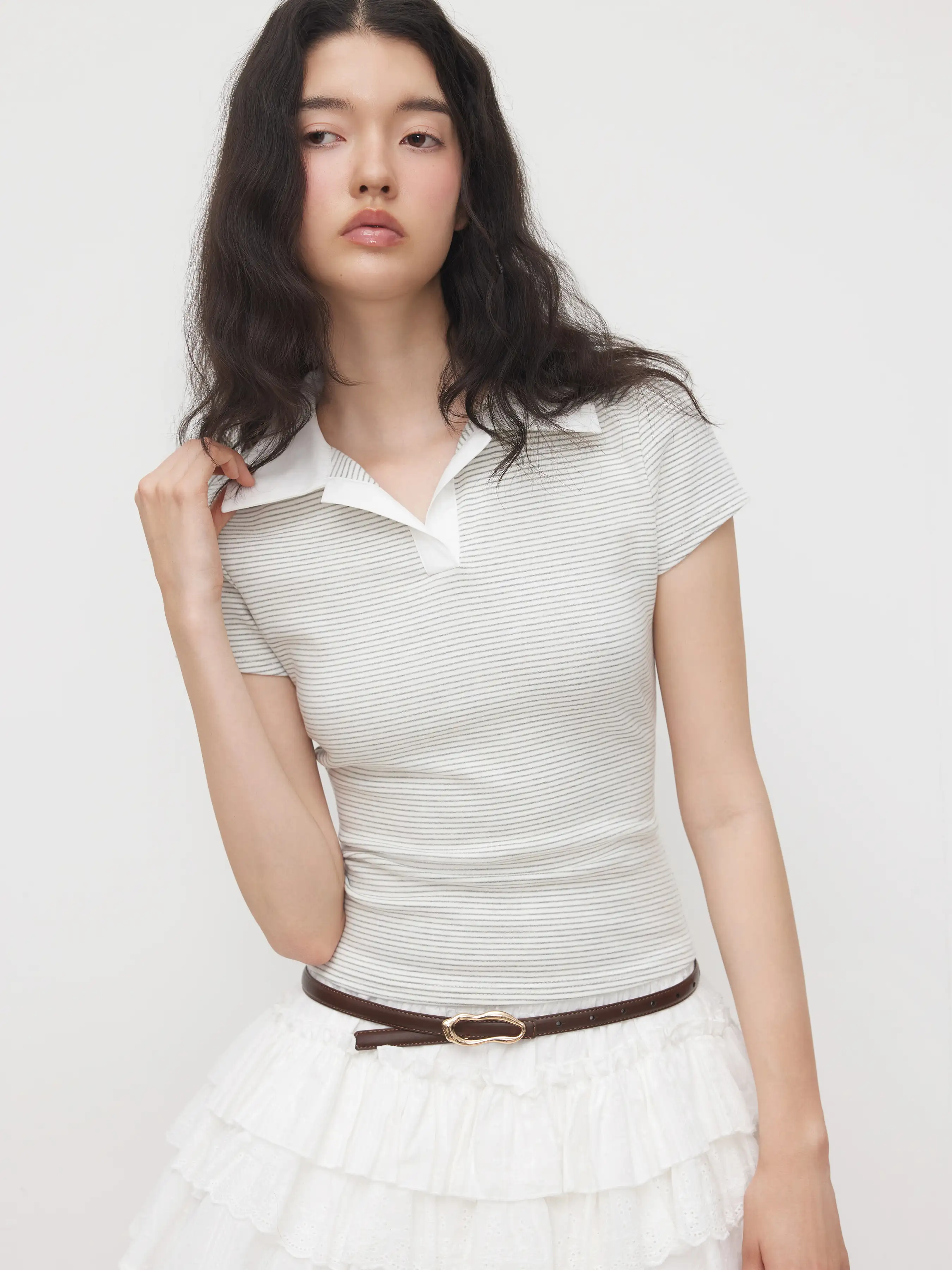 Cotton-blend Polo Neck Stripe Tee