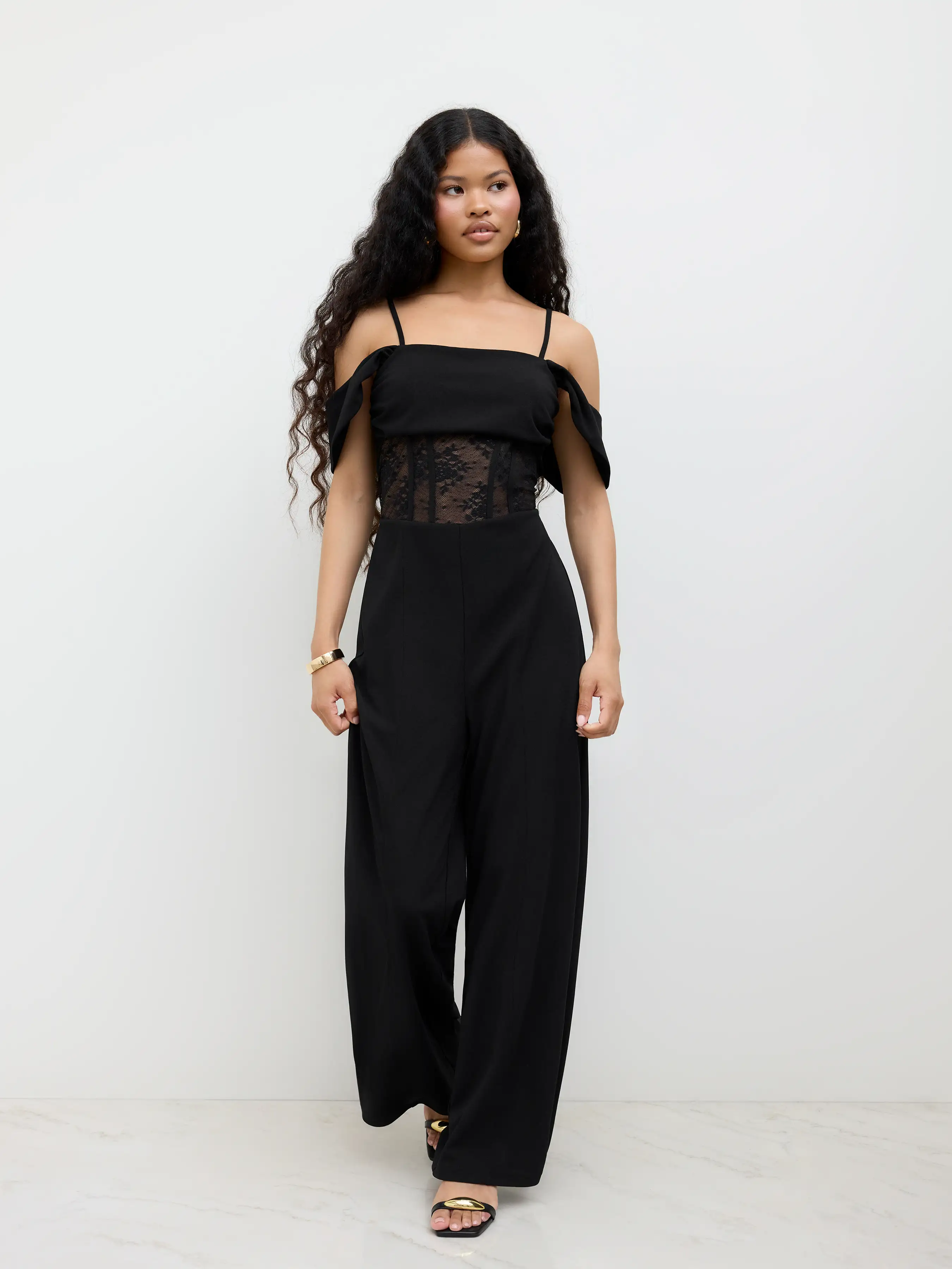 Square Neck Lace Corset Cami Wide Leg Jumpsuit