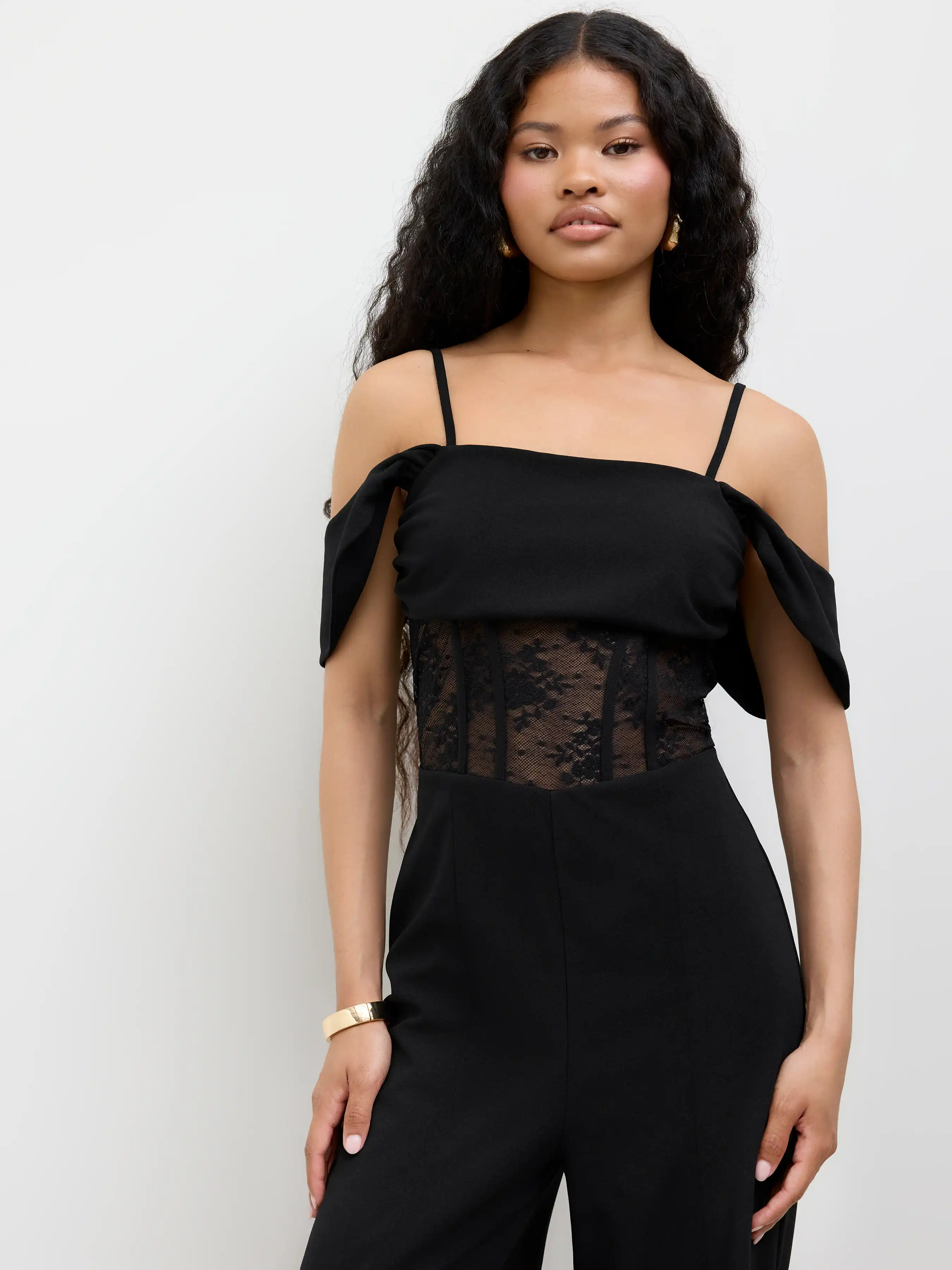 Square Neck Lace Corset Cami Wide Leg Jumpsuit