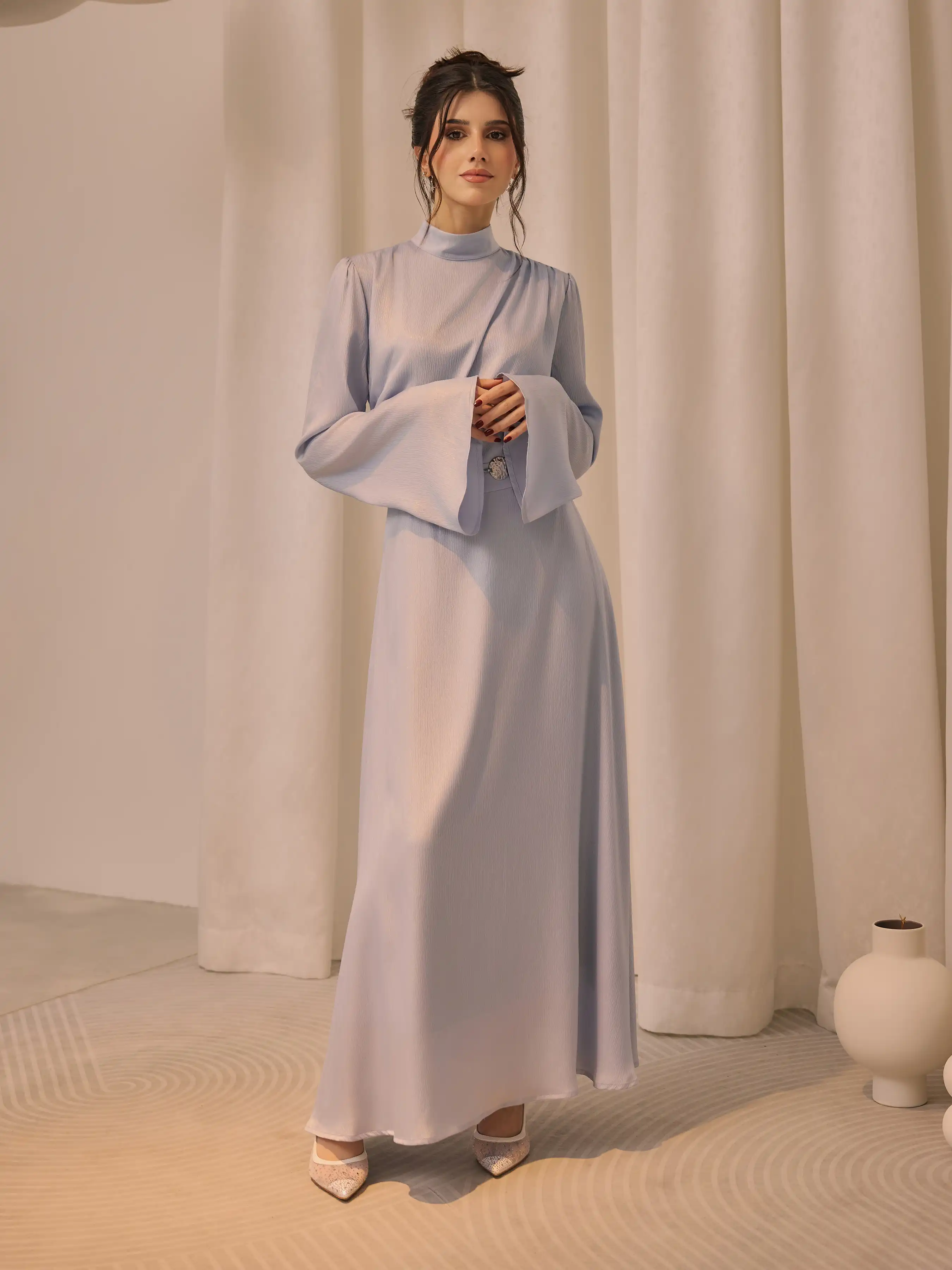 6114-stand-collar-ruched-ruffle-lace-up-maxi-dress-1.webp