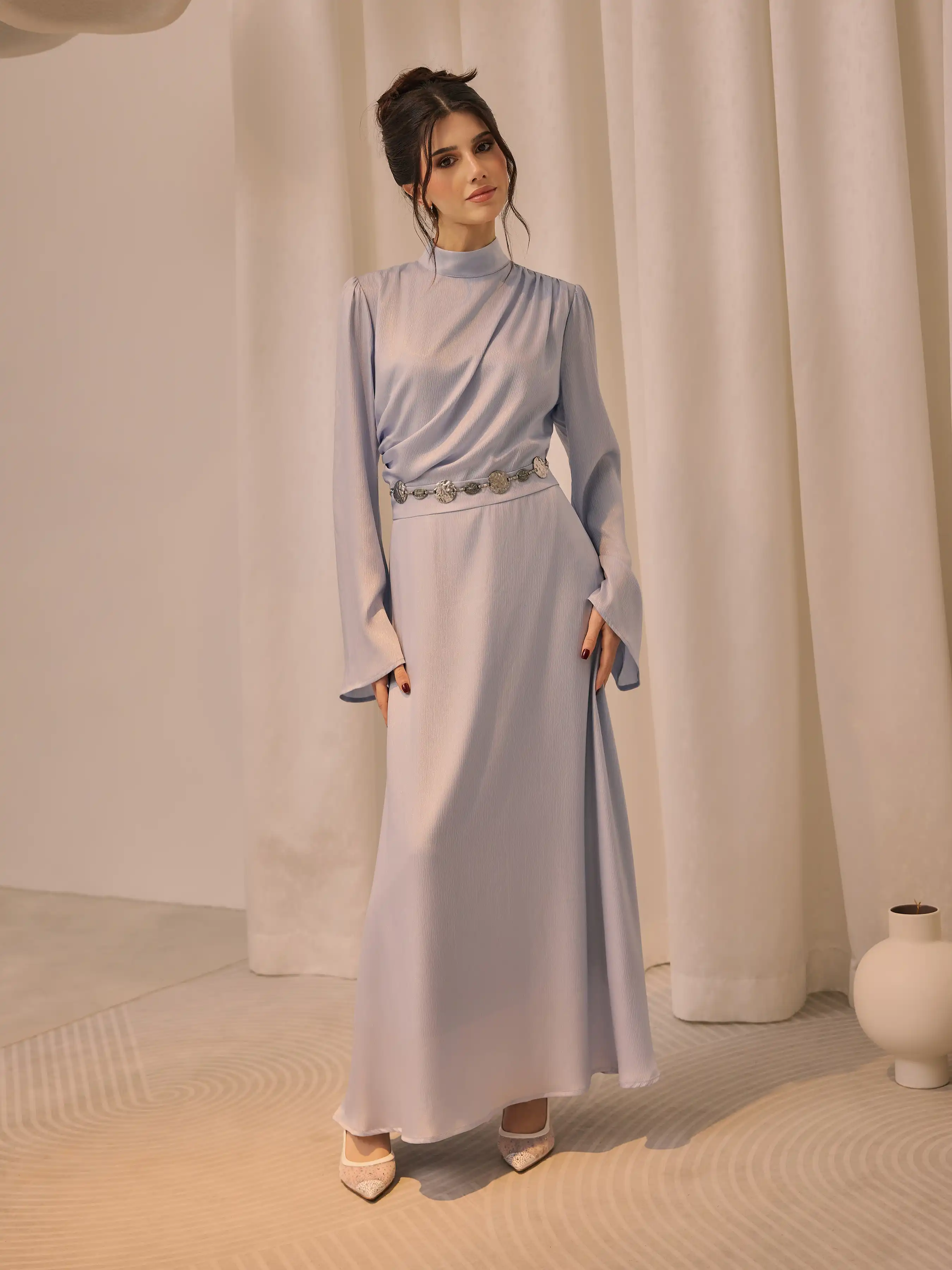 6114-stand-collar-ruched-ruffle-lace-up-maxi-dress-1.webp