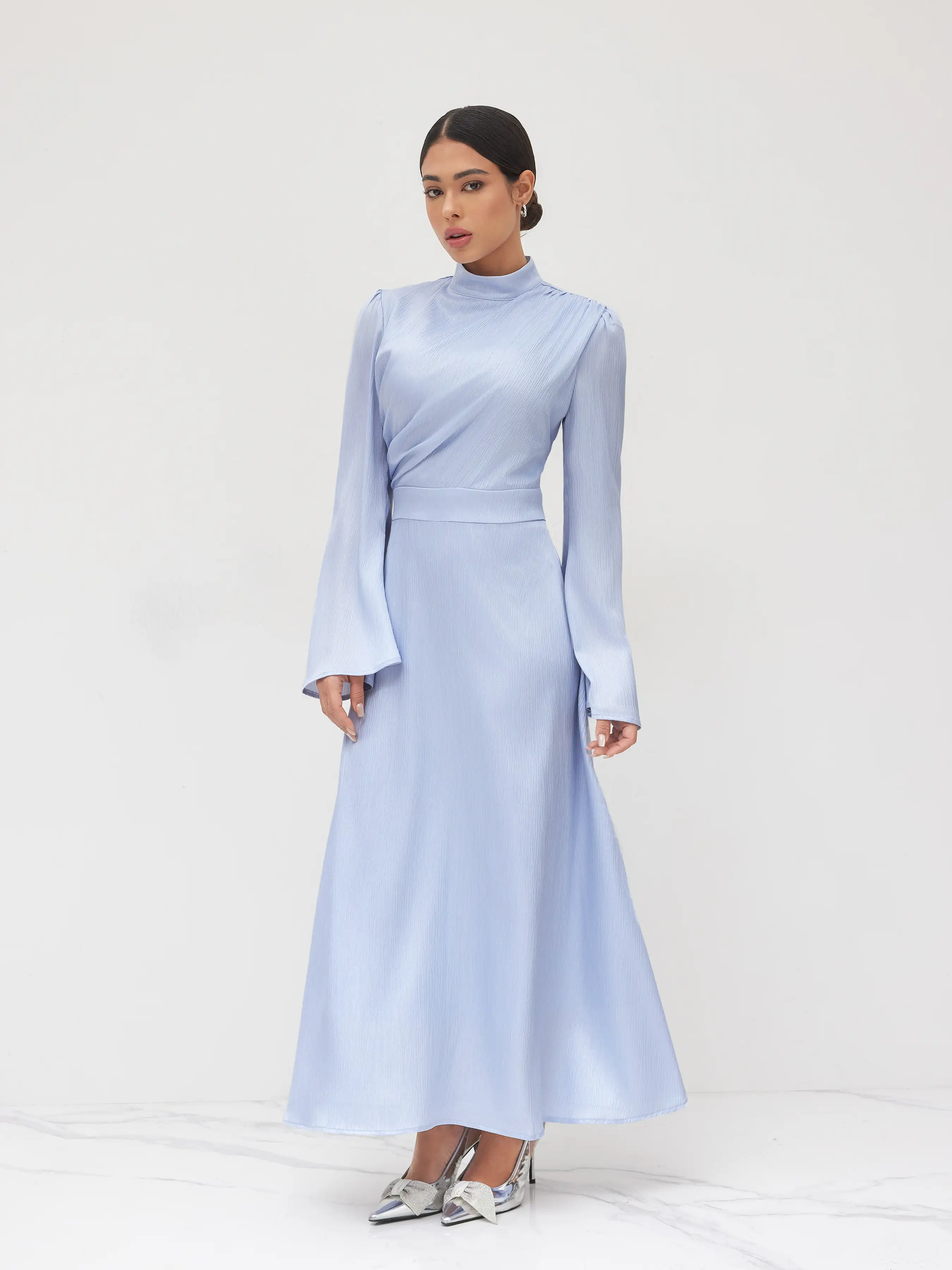 6114-stand-collar-ruched-ruffle-lace-up-maxi-dress-1.webp