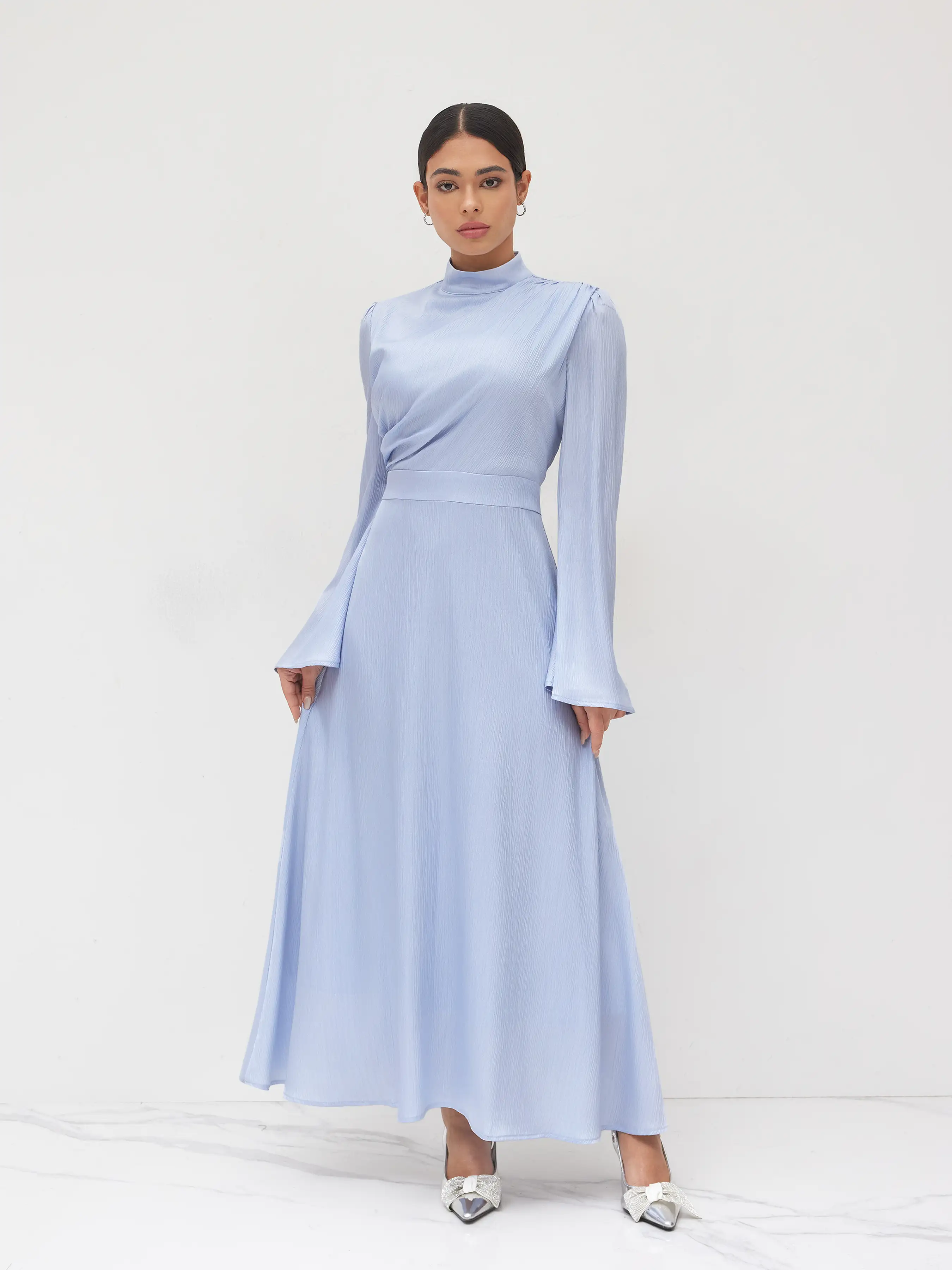 6114-stand-collar-ruched-ruffle-lace-up-maxi-dress-1.webp