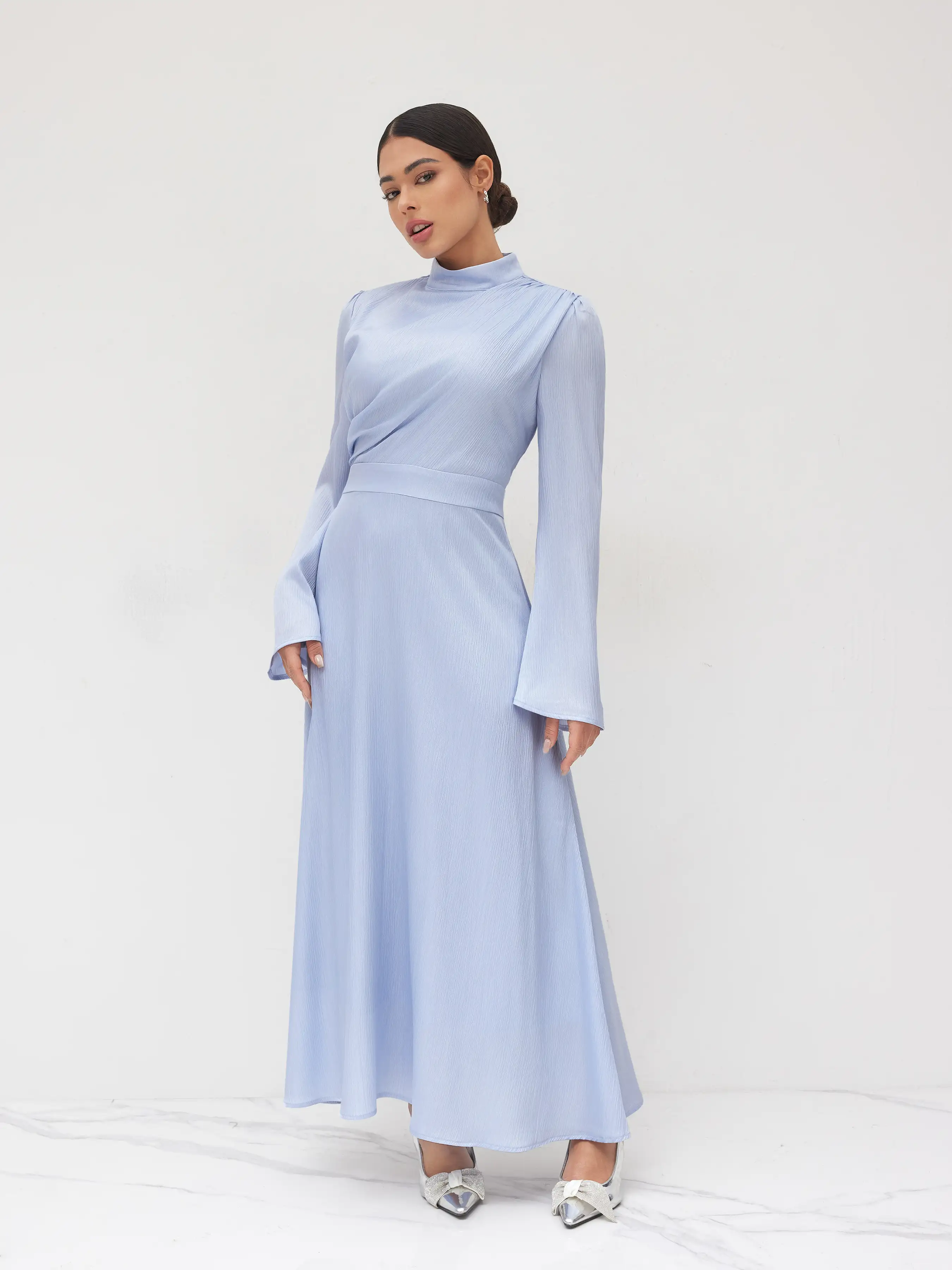 6114-stand-collar-ruched-ruffle-lace-up-maxi-dress-1.webp