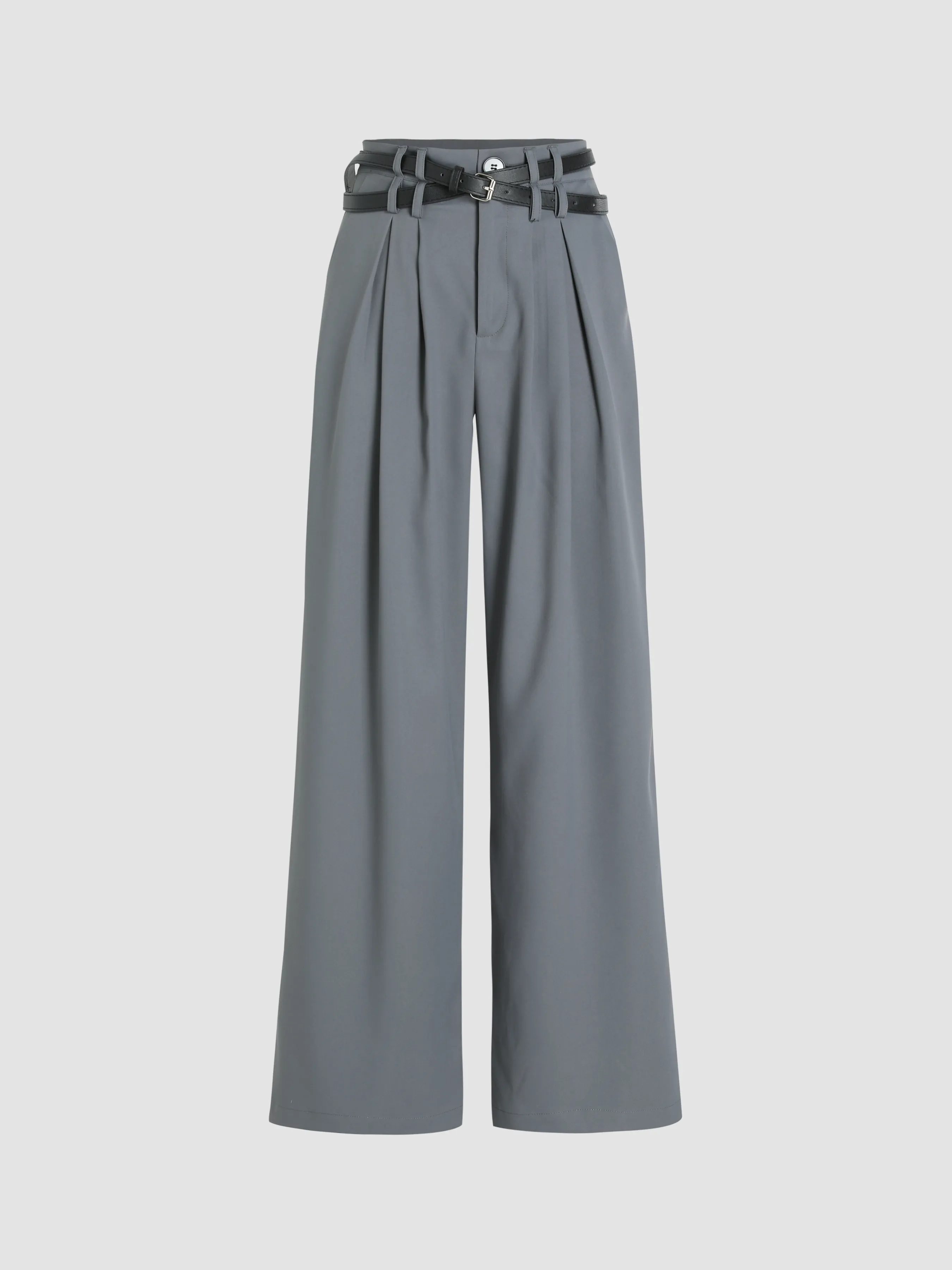 Solid Belted Straight Leg Trousers