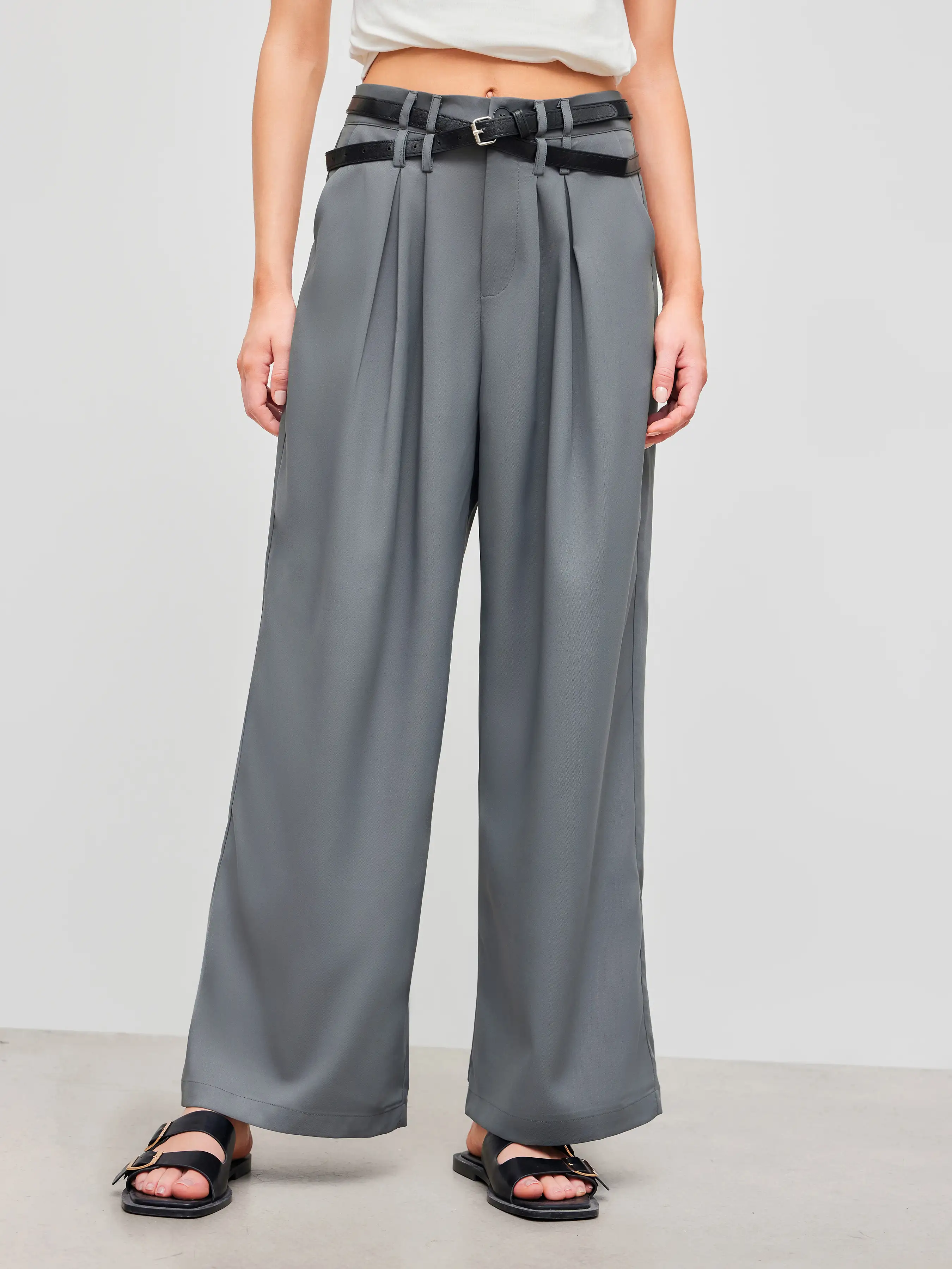 Solid Belted Straight Leg Trousers