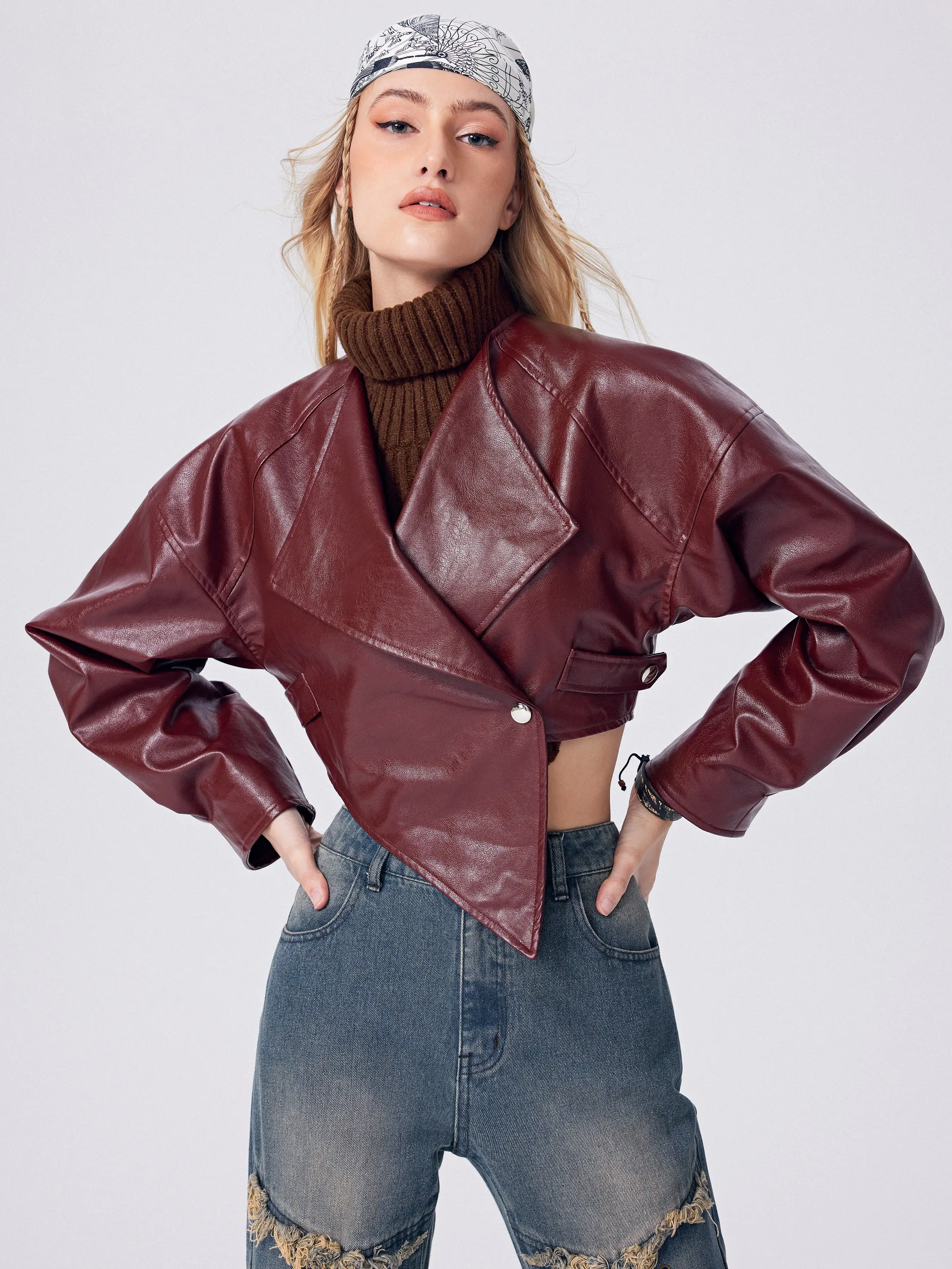 Solid Faux Leather Button Up Asymmetrical Crop Jacket