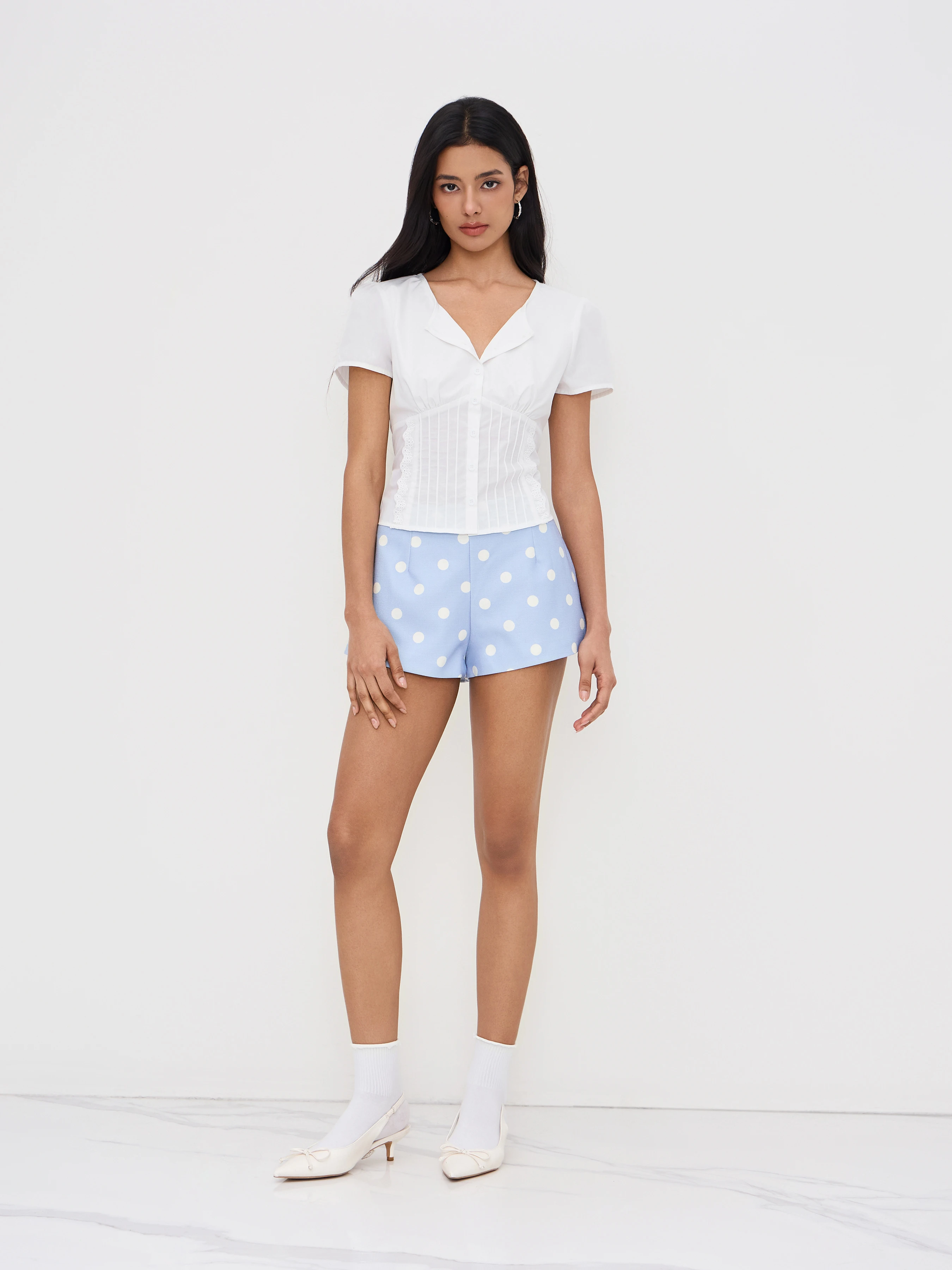 Cotton-blend Broderie Anglaise Trim Pleated Blouse