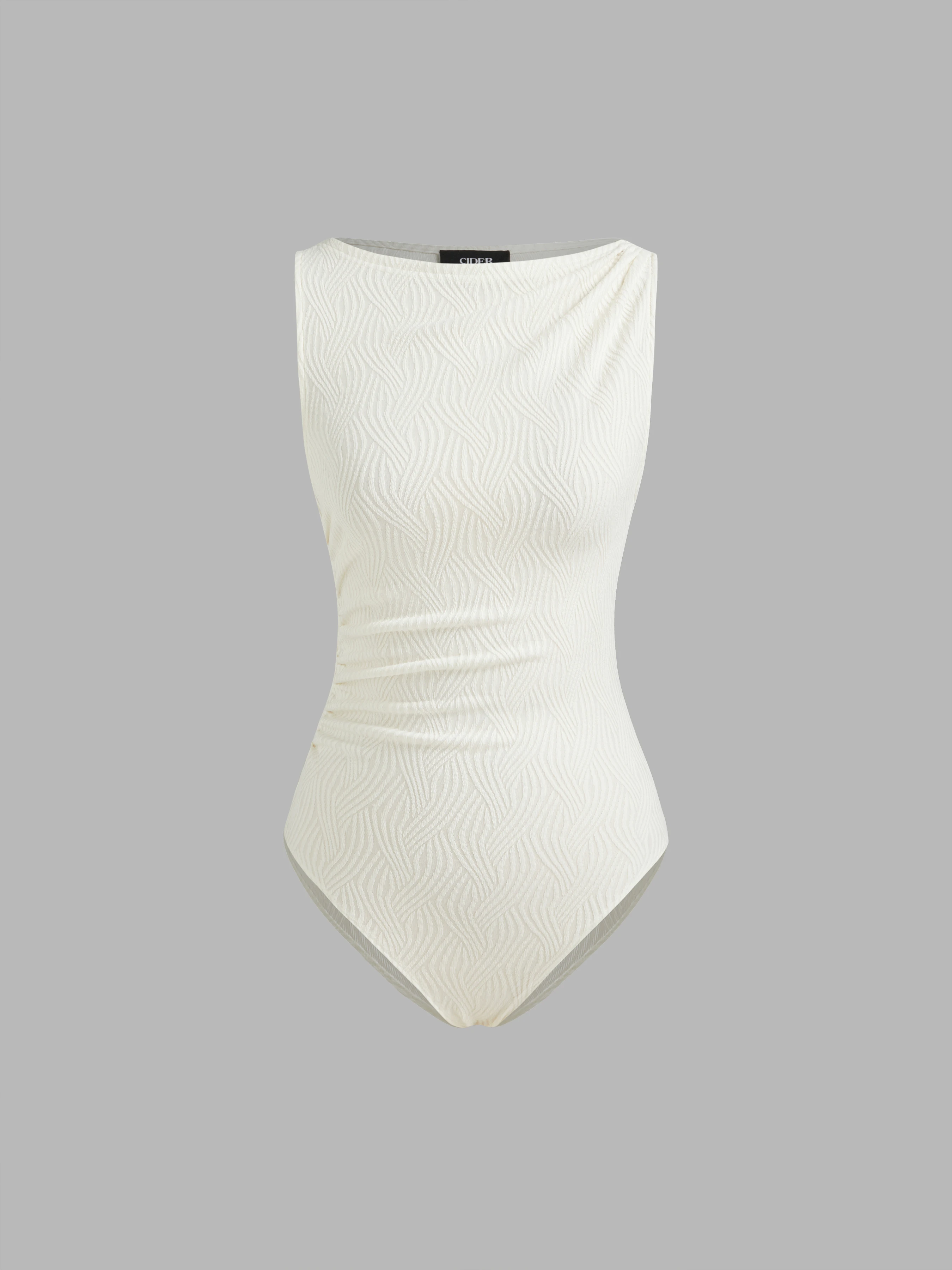 Boat Neck Texture Ruched Bodysuit