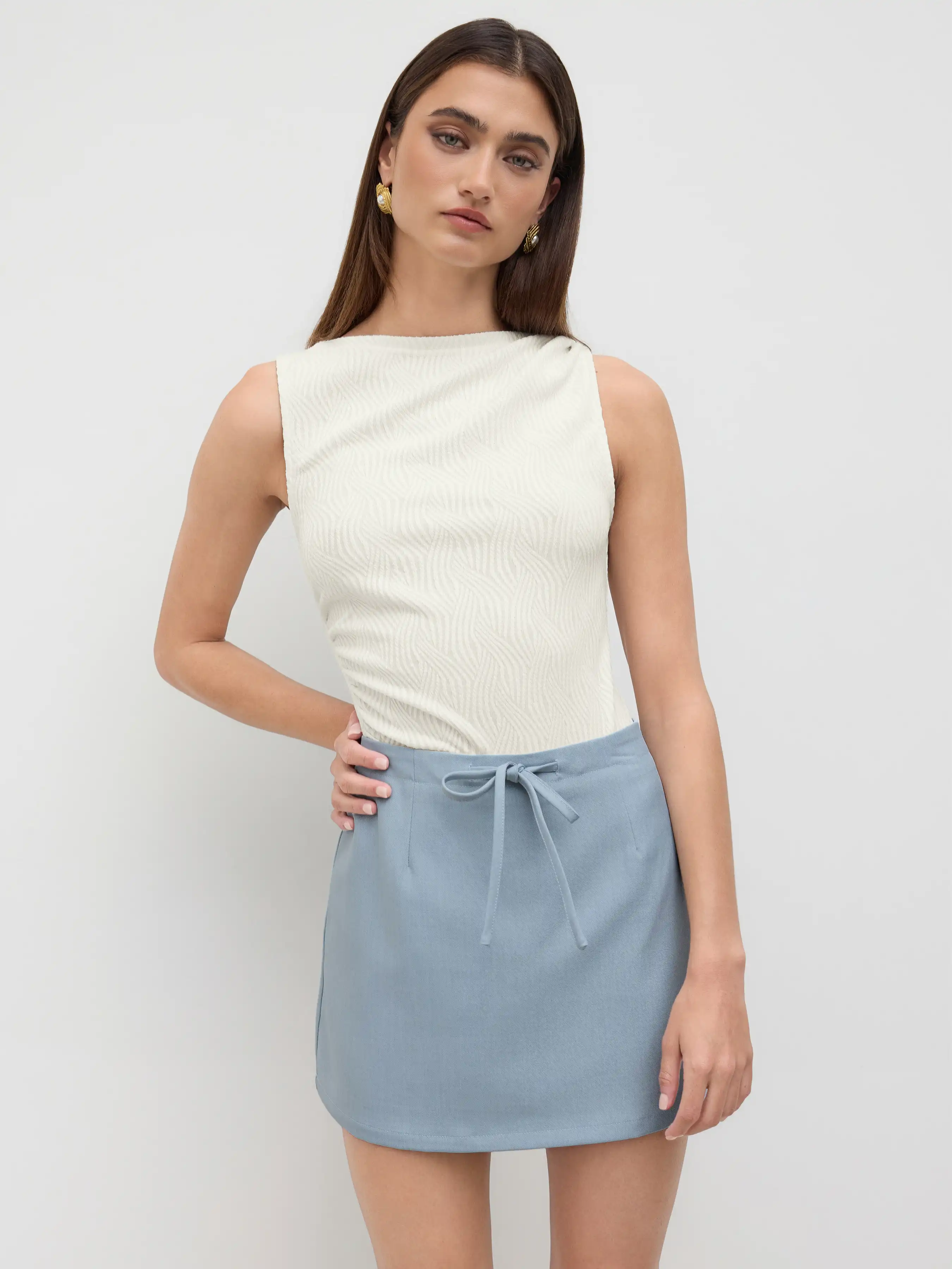 Boat Neck Texture Ruched Bodysuit