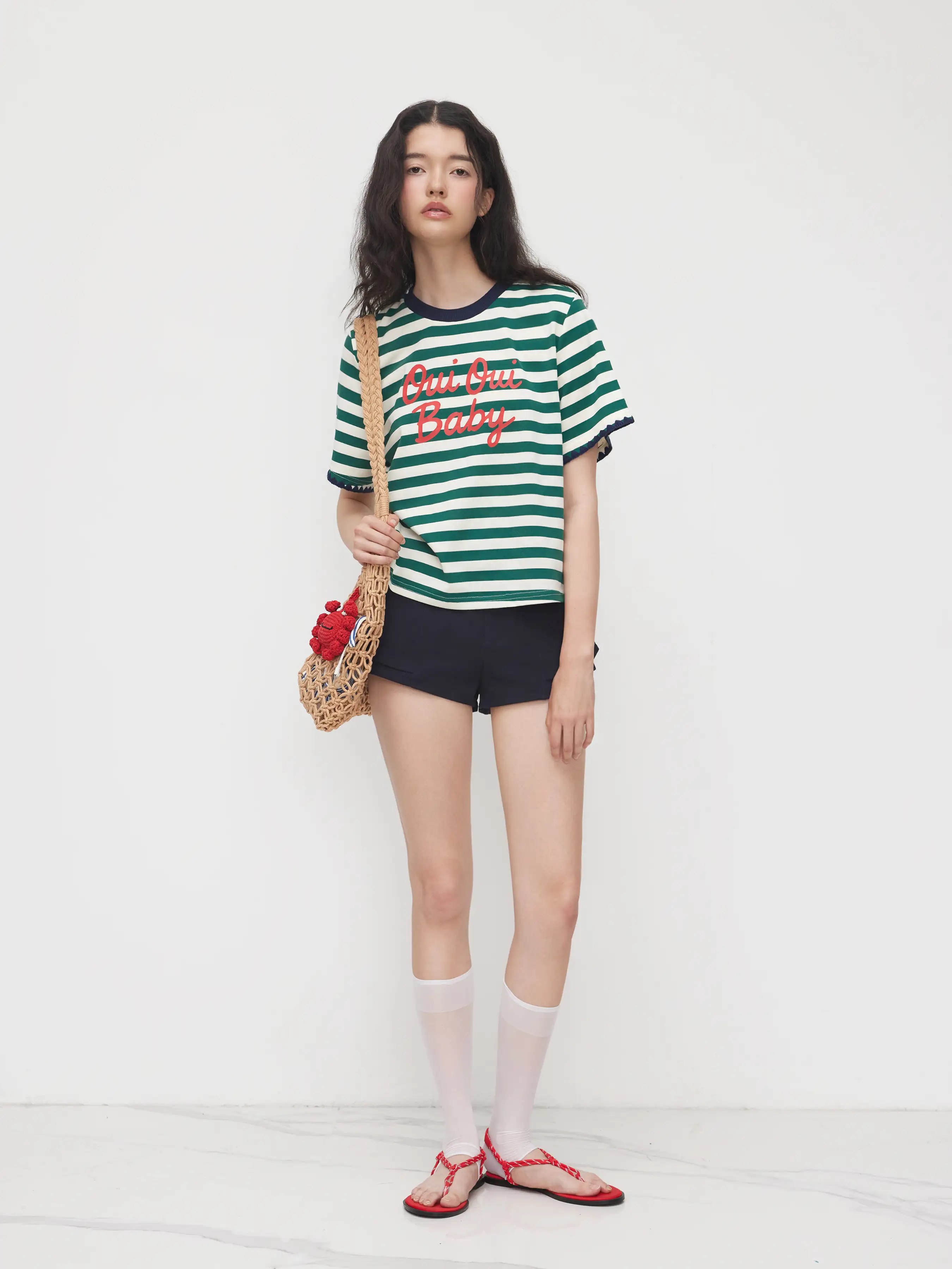 Cotton-blend Round Neckline Stripe Oversized Tee