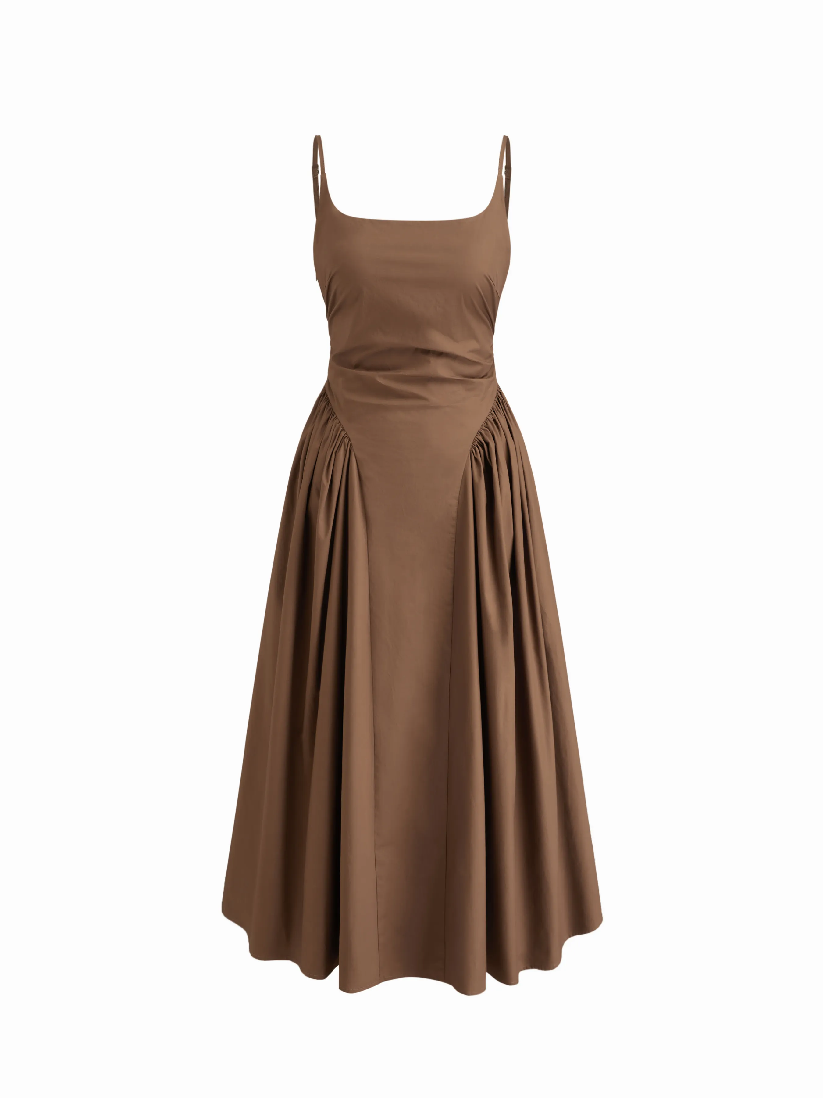 100% Cotton U-neckline Ruched Ruffle Hem Maxi Cami Dress