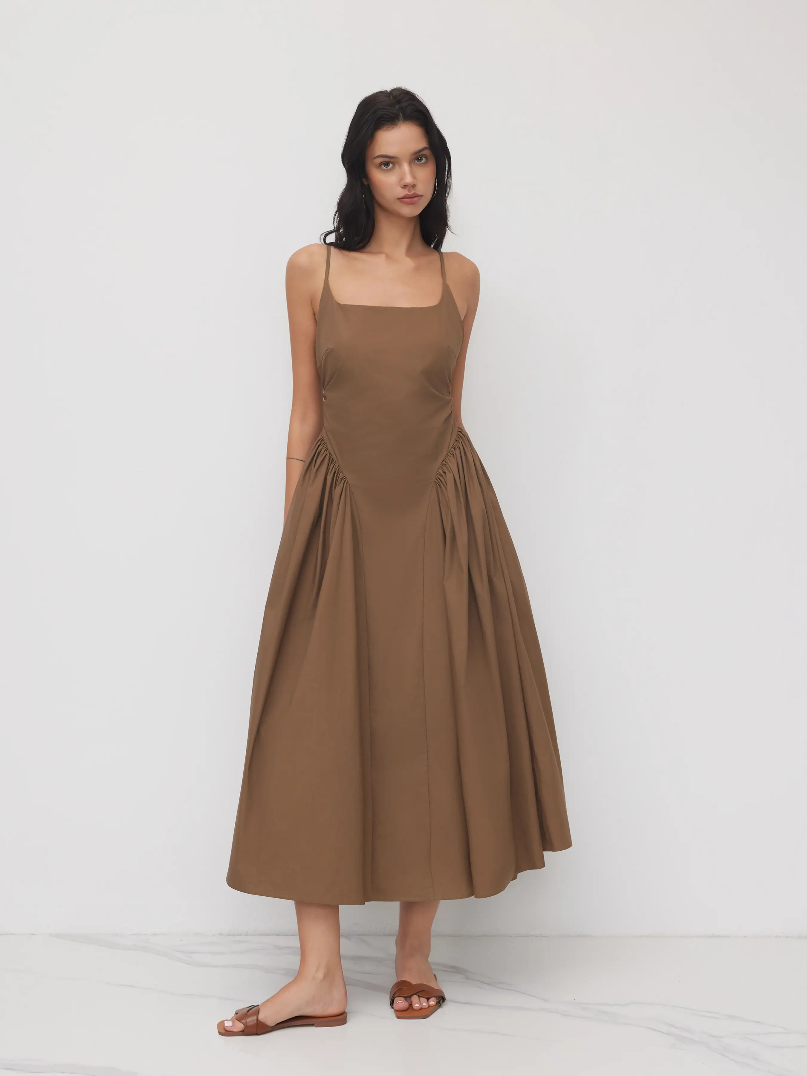 100% Cotton U-neckline Ruched Ruffle Hem Maxi Cami Dress