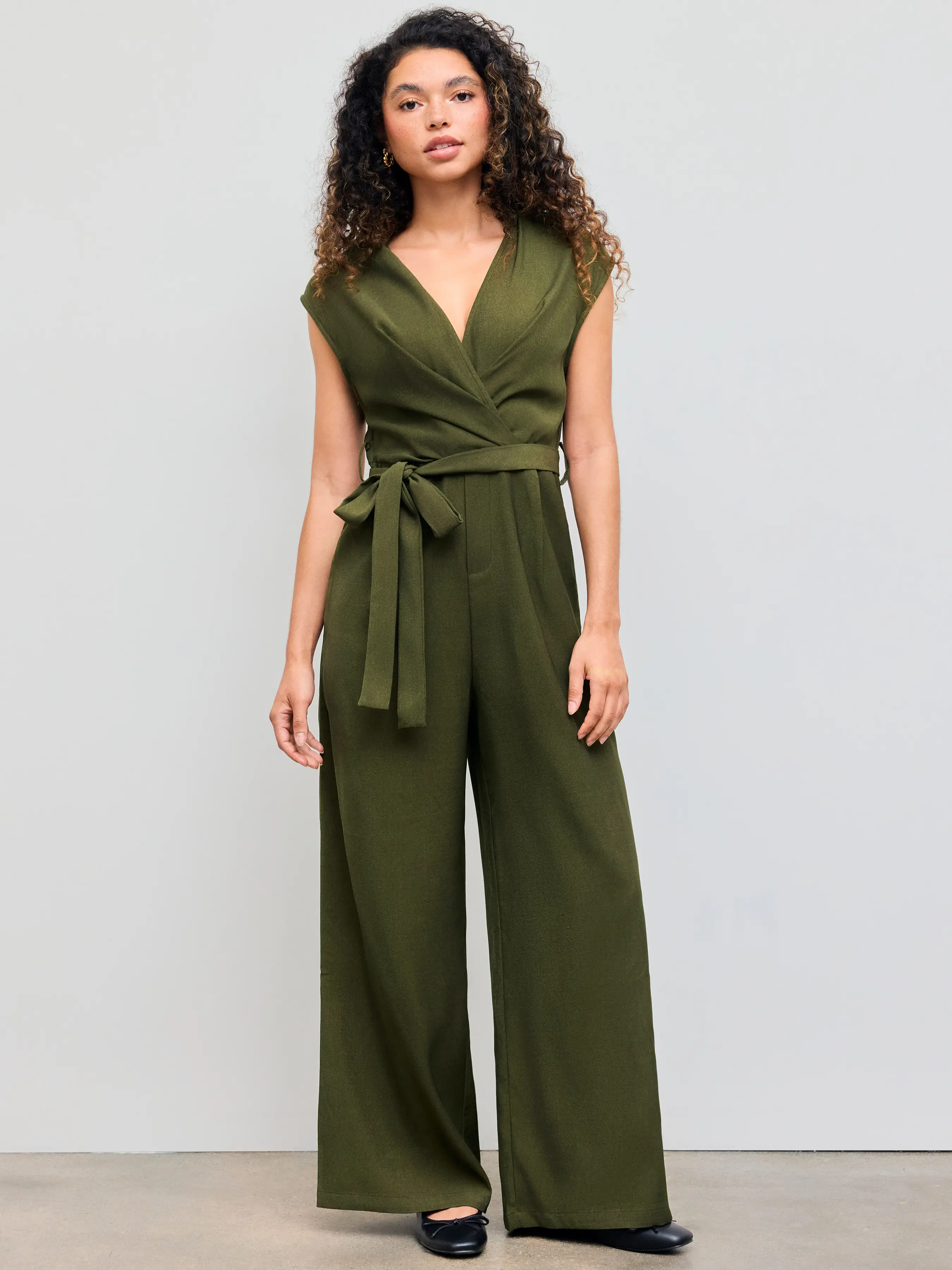 Collar Solid Pocket Wide Leg Jumpsuit With Belt