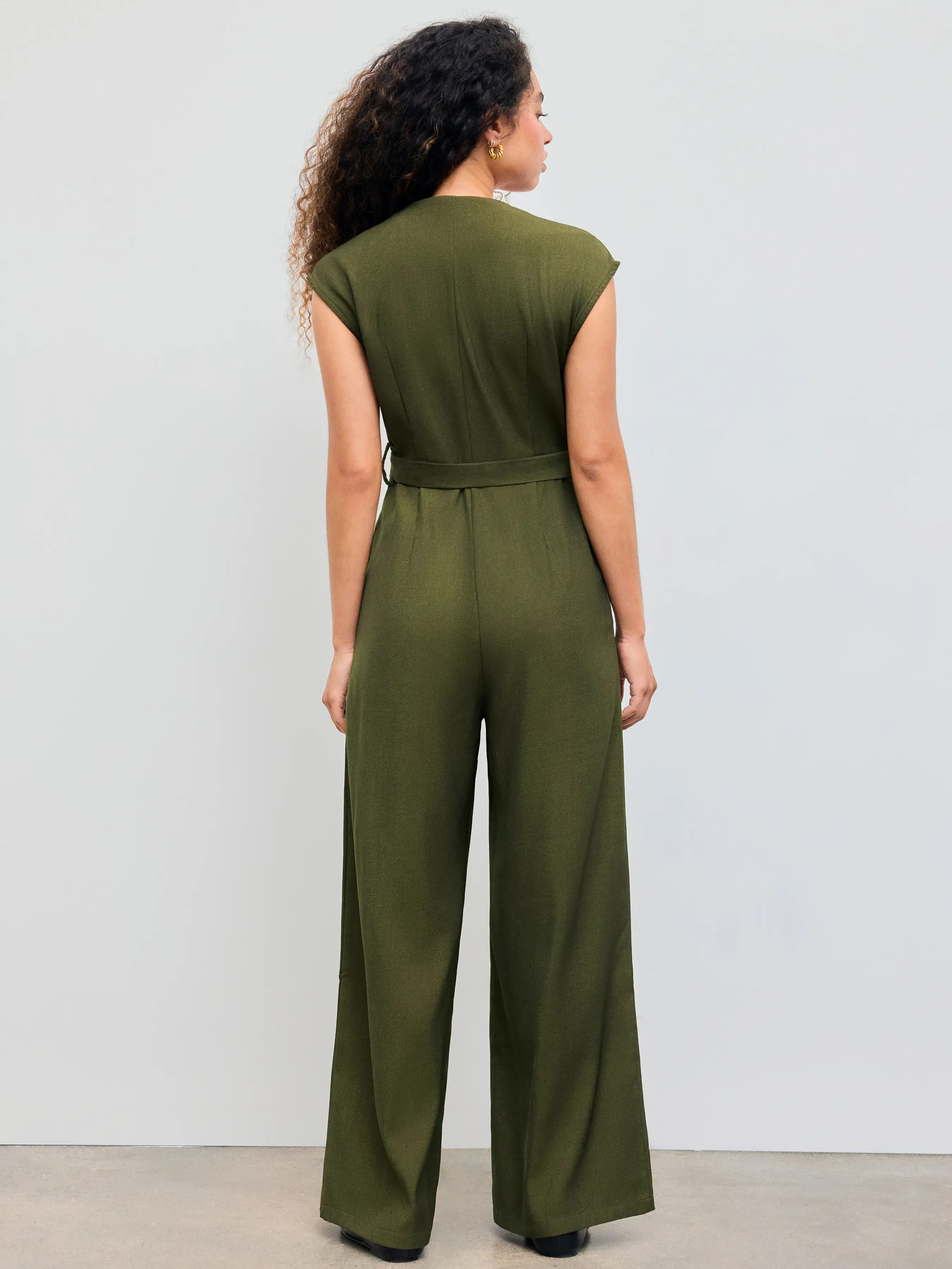 Collar Solid Pocket Wide Leg Jumpsuit With Belt