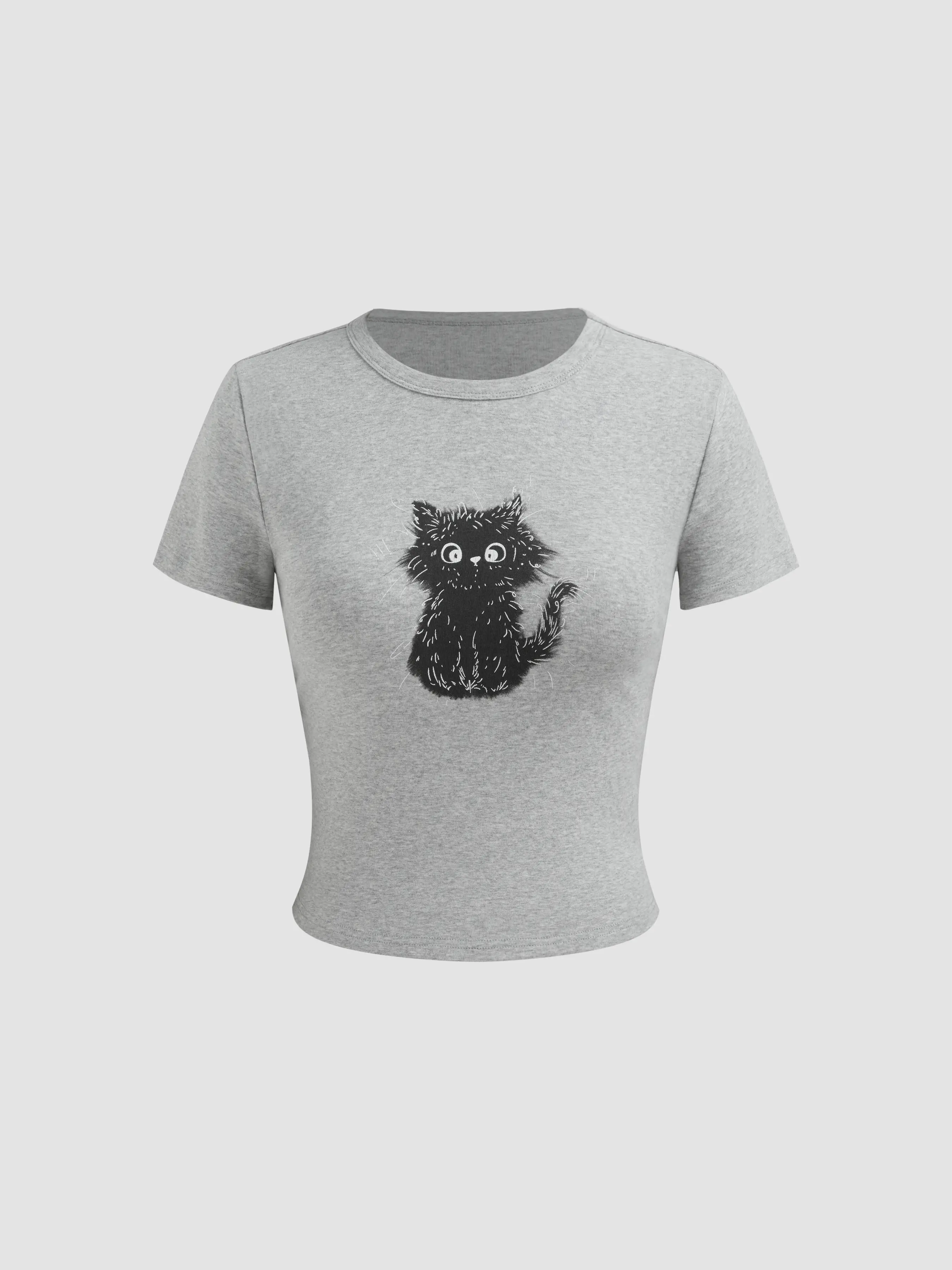 Cotton-blend Round Neckline Cat Short Sleeve Tee