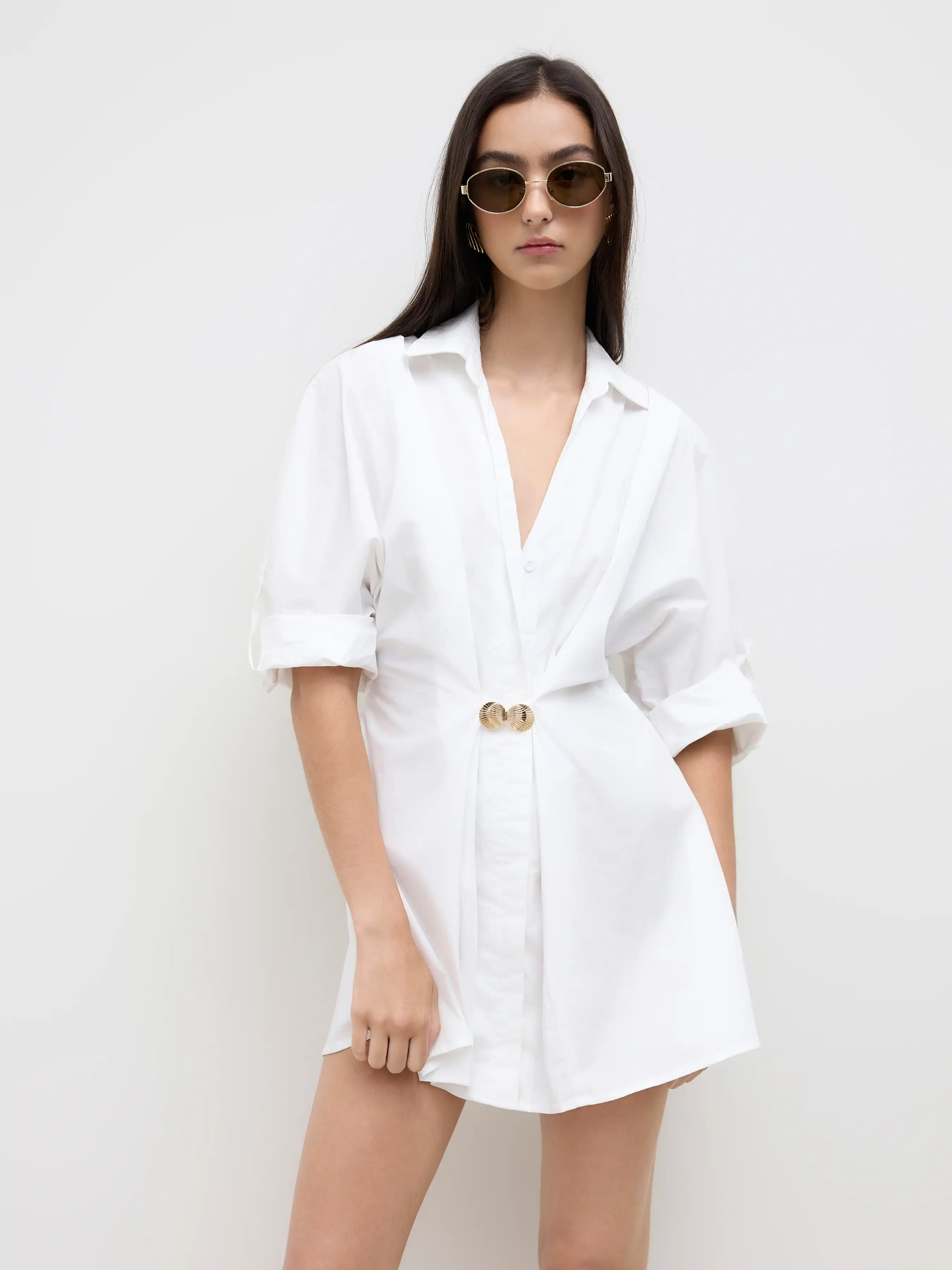 100% Cotton V-neck Shell Metal Detail Mini Dress