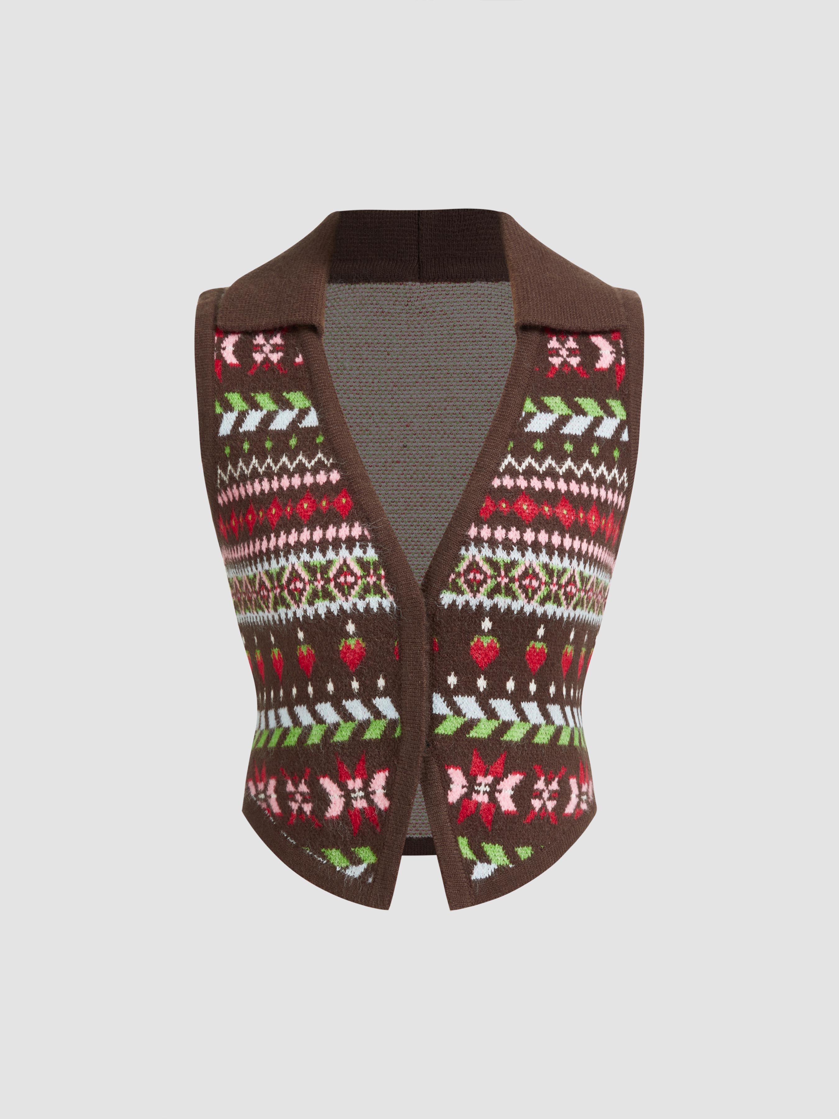 Knit V-neck Aztec Strawberry Fair Isle Vest