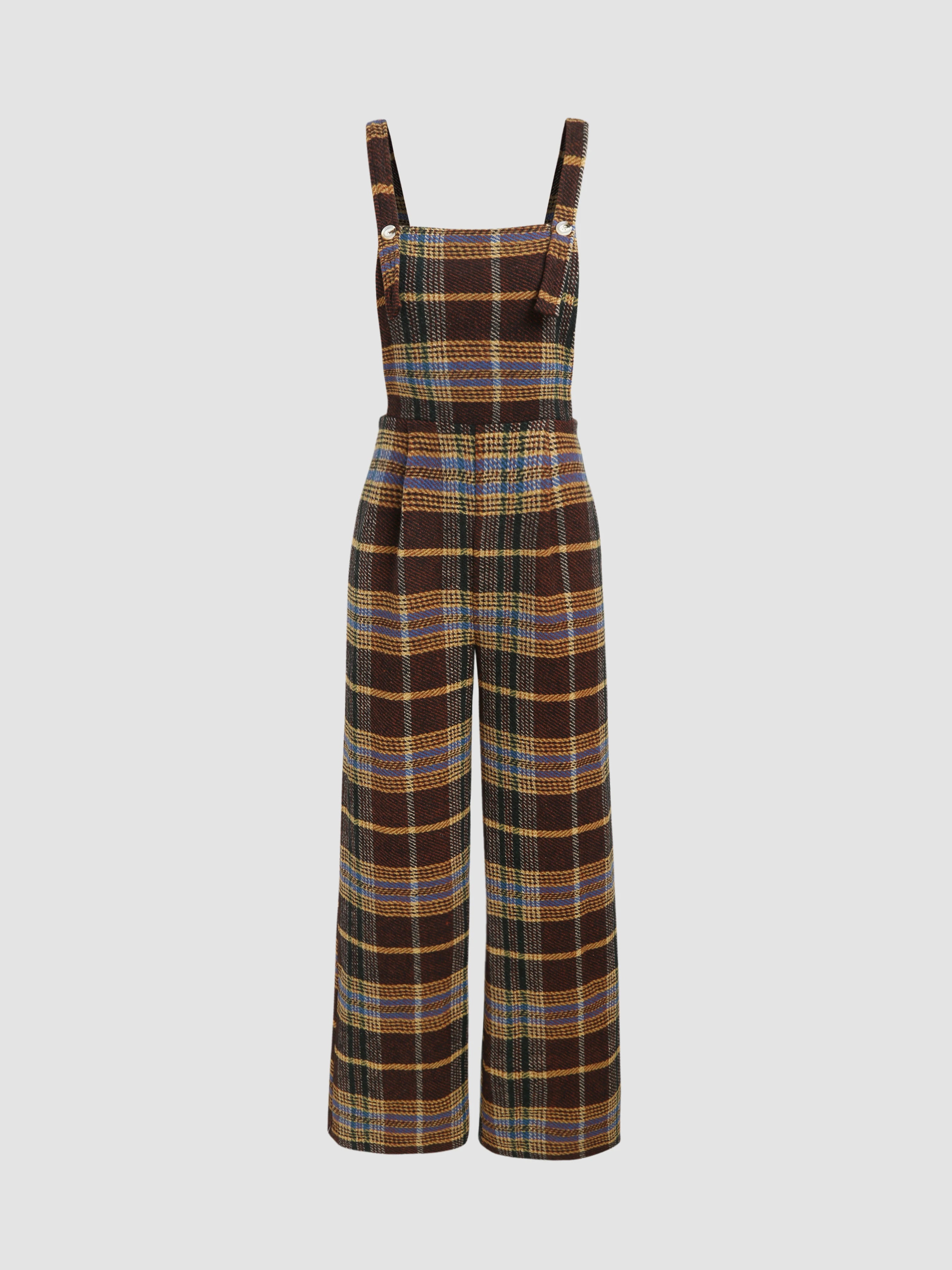 Tweed Plaid Button Up Wide Leg Jumpsuit