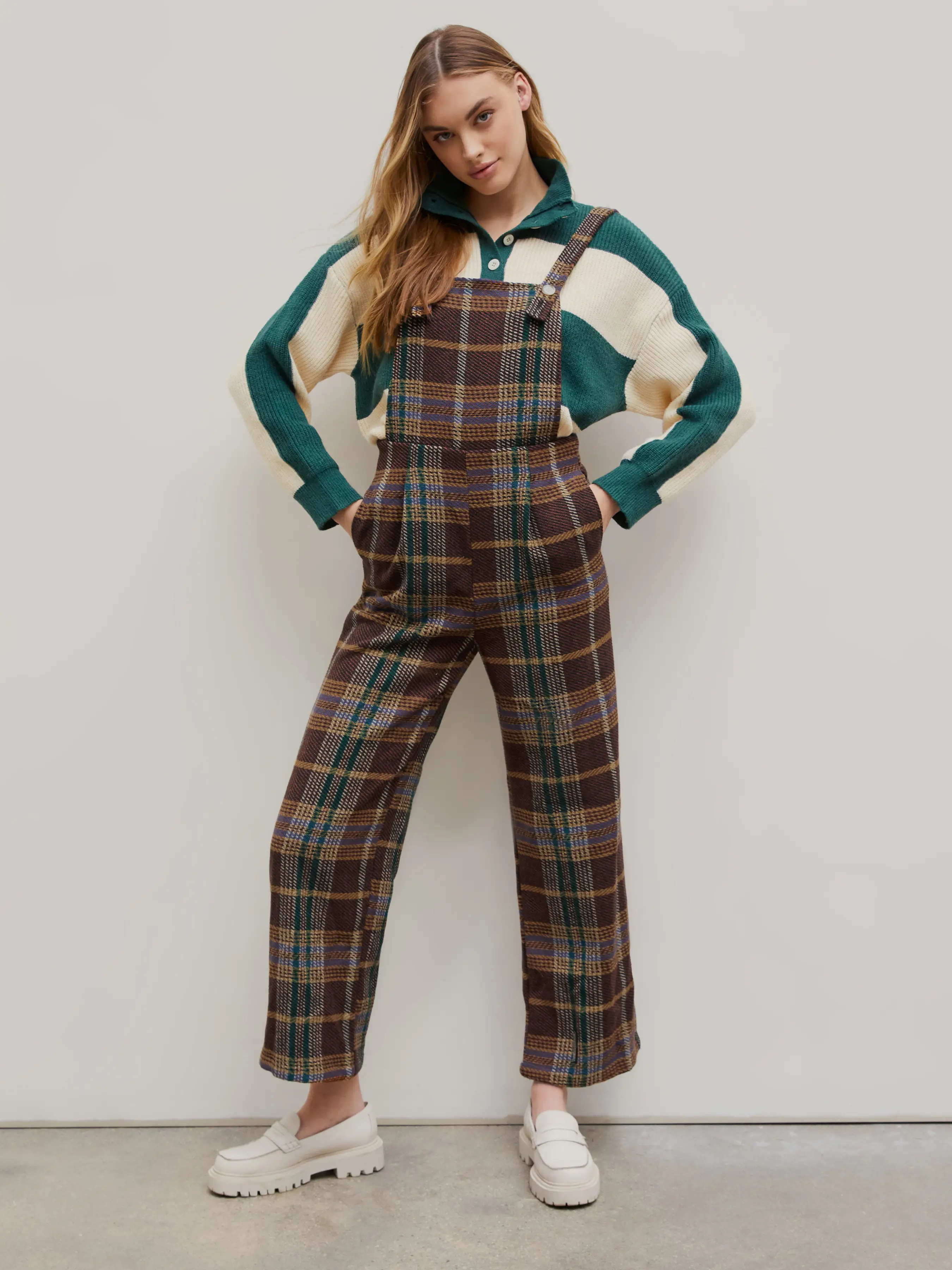 Tweed Plaid Button Up Wide Leg Jumpsuit