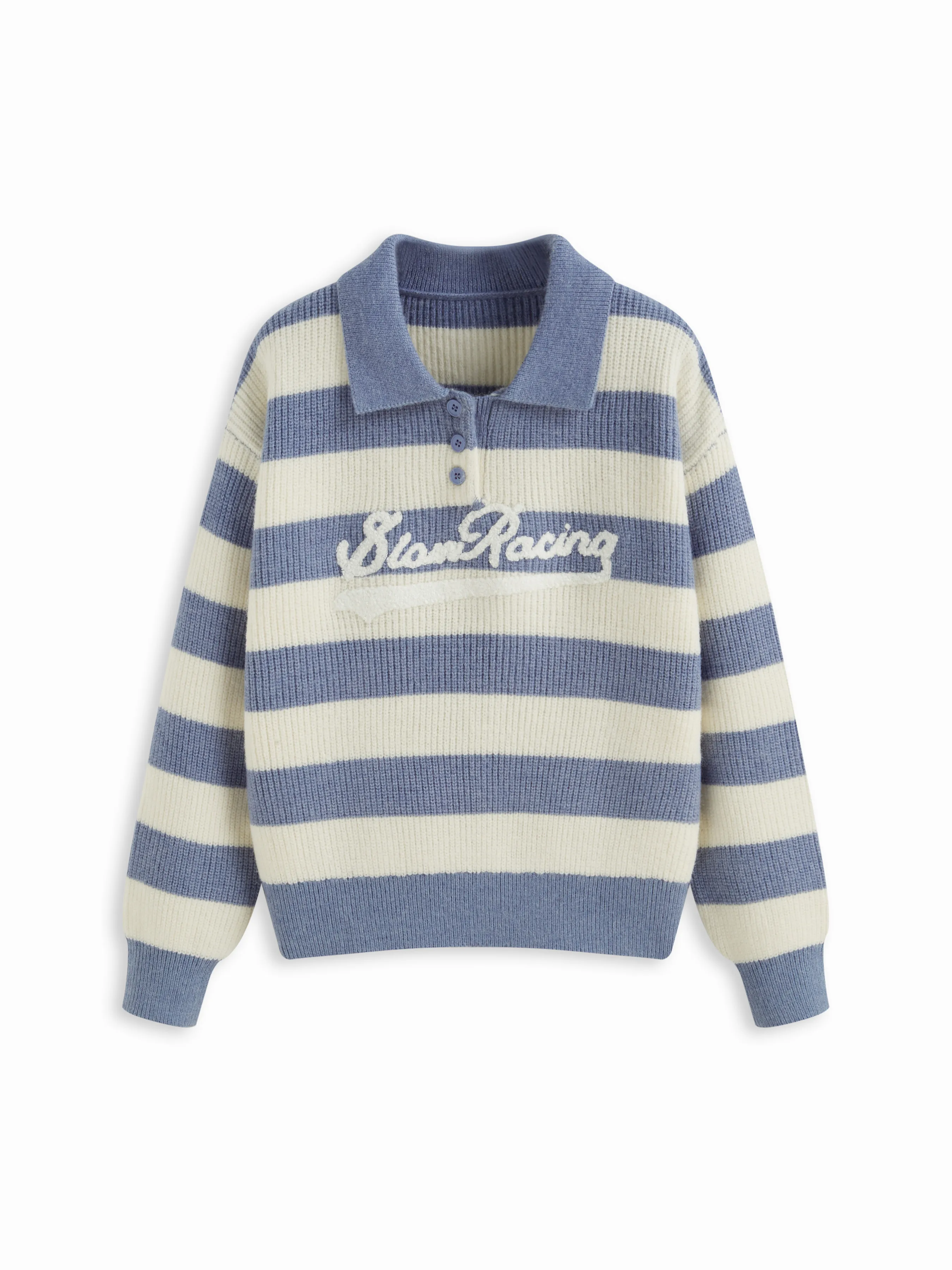 Slow Racing Knit Striped Polo Neck Long Sleeve Oversized Top