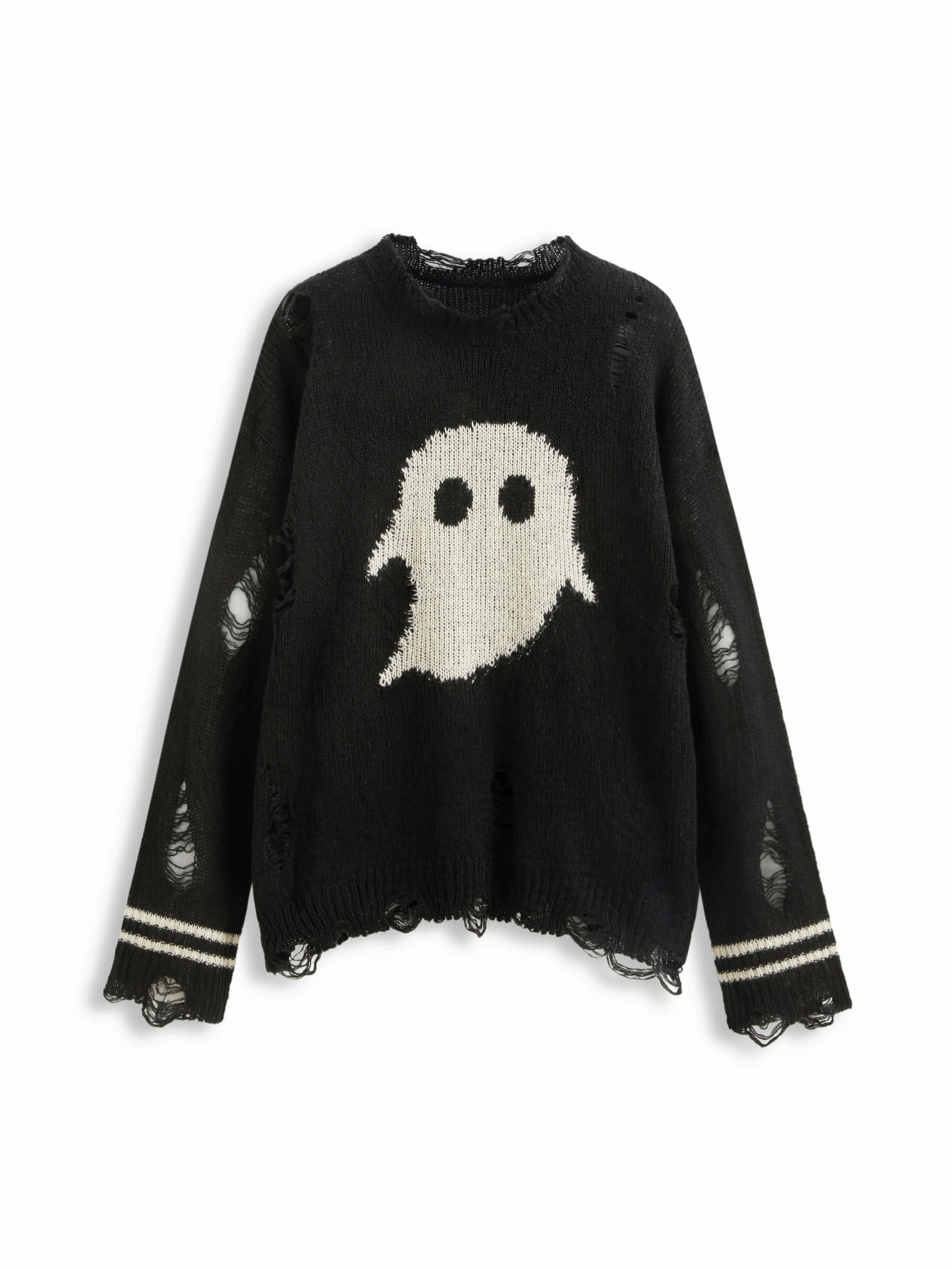 Knit Ghost Pattern Stripe Ripped Oversized Top