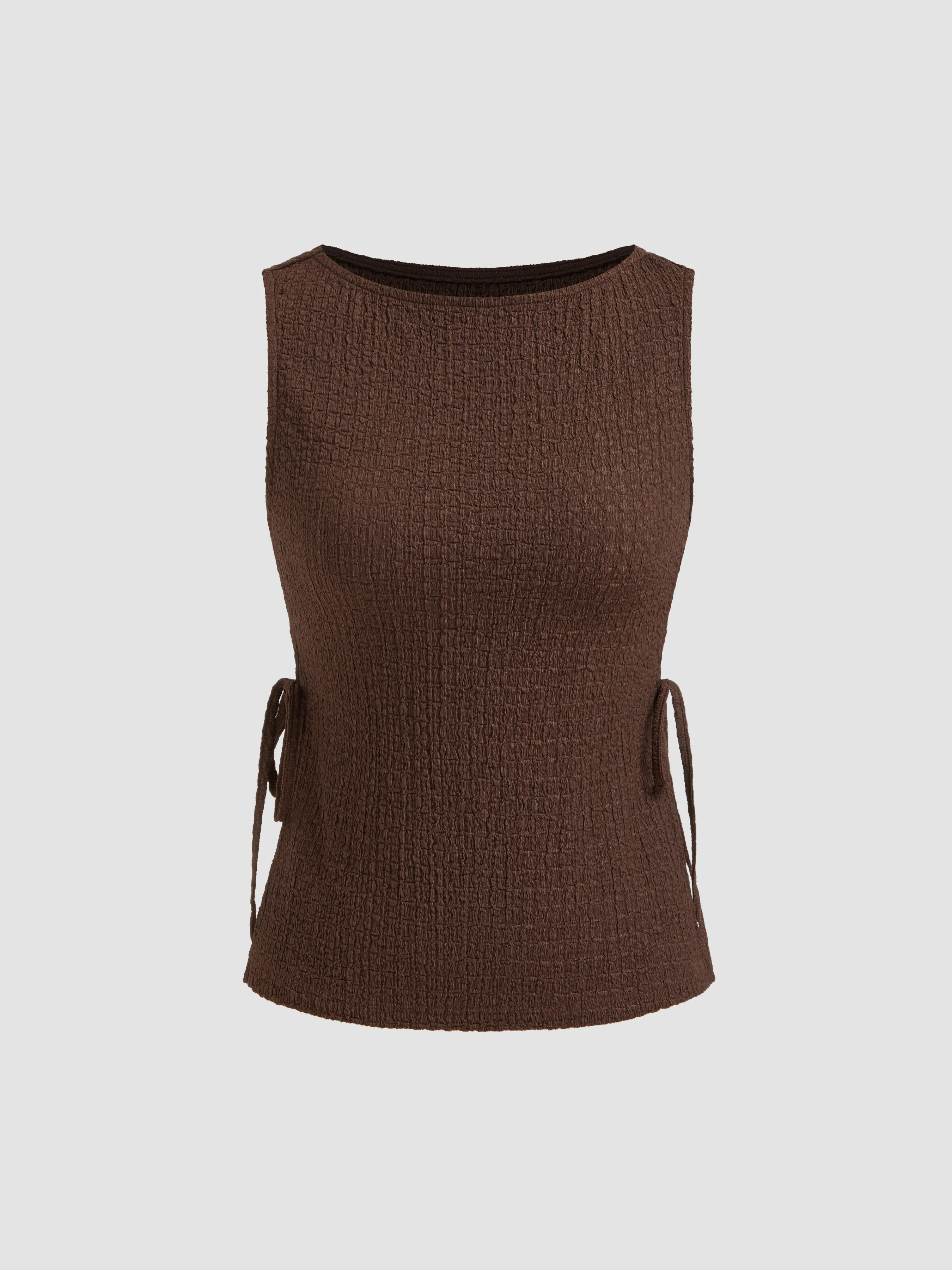Boat Neck Texture Knotted Split Tank Top