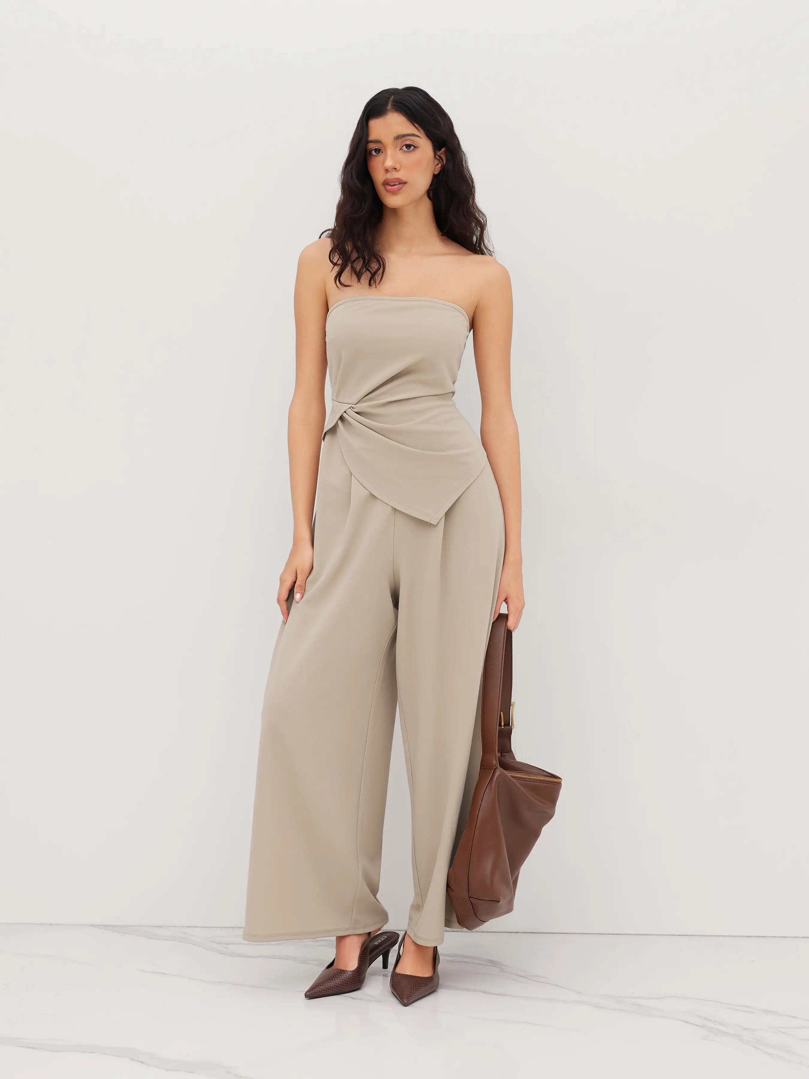 Bandeau Ruched Elastic Waist Wide Leg Jumpsuit