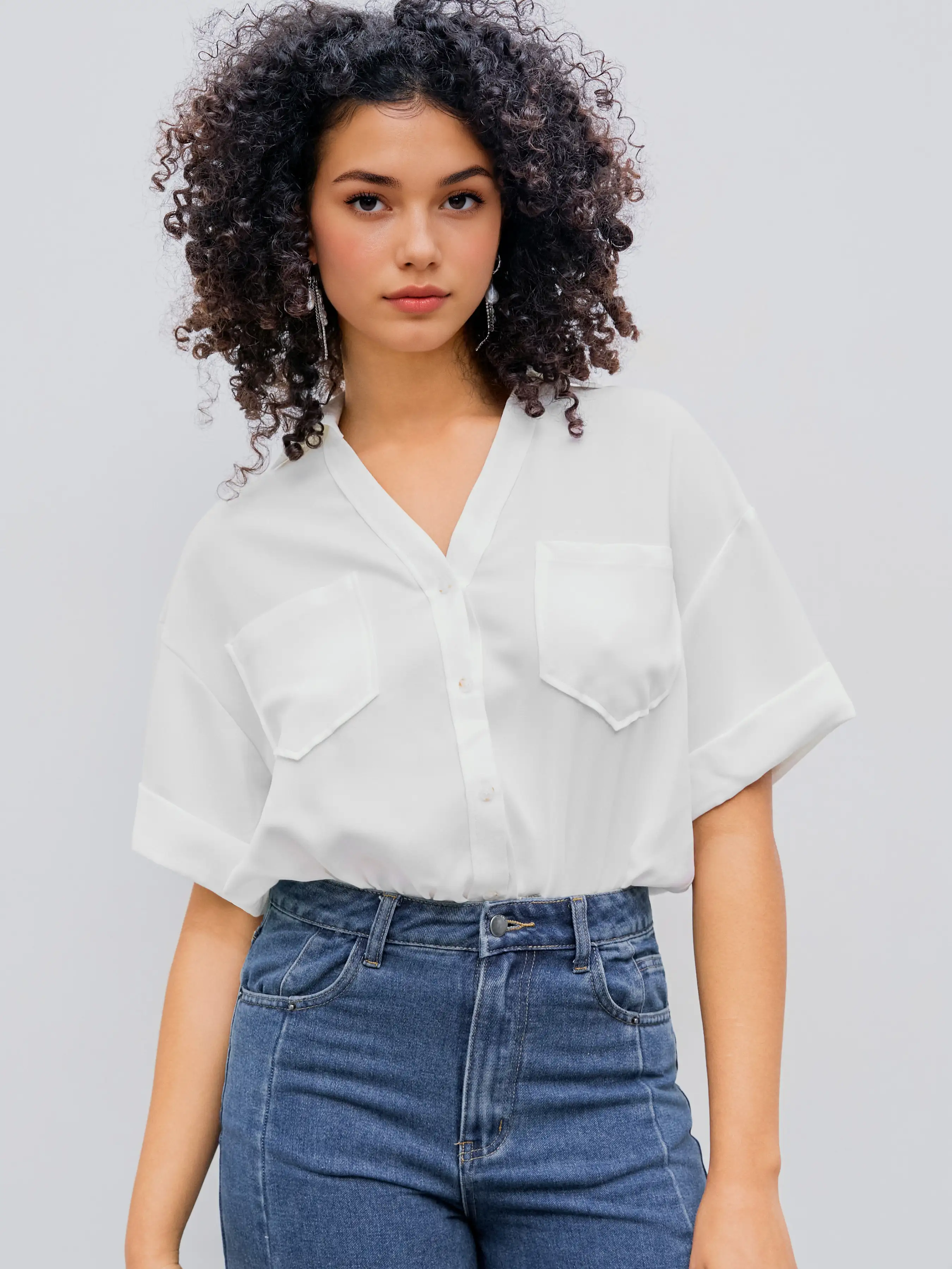 Collar Solid Short Sleeve Shirt Bodysuit