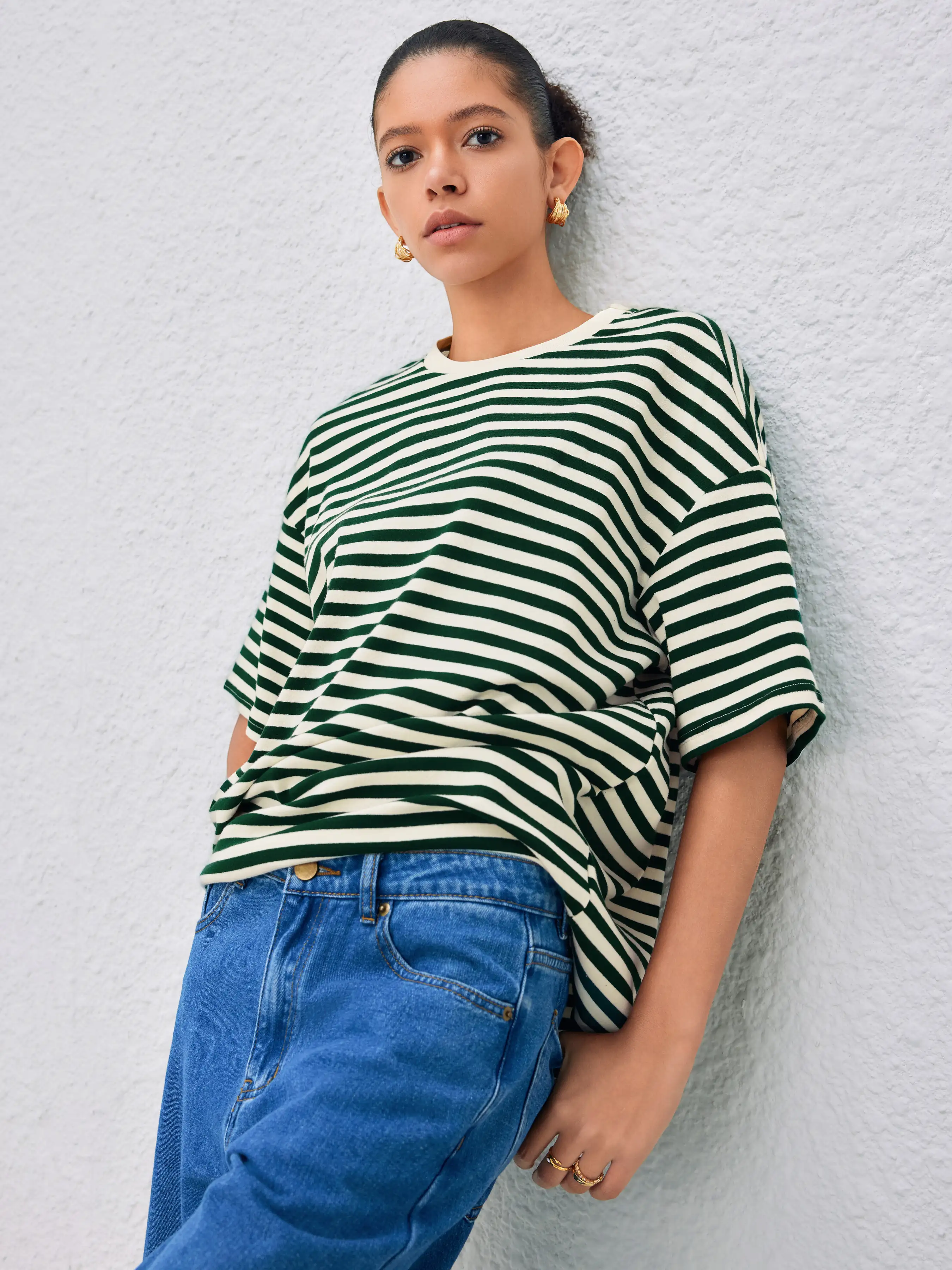 Cotton-blend Round Neck Striped Oversized Short Sleeve Tee