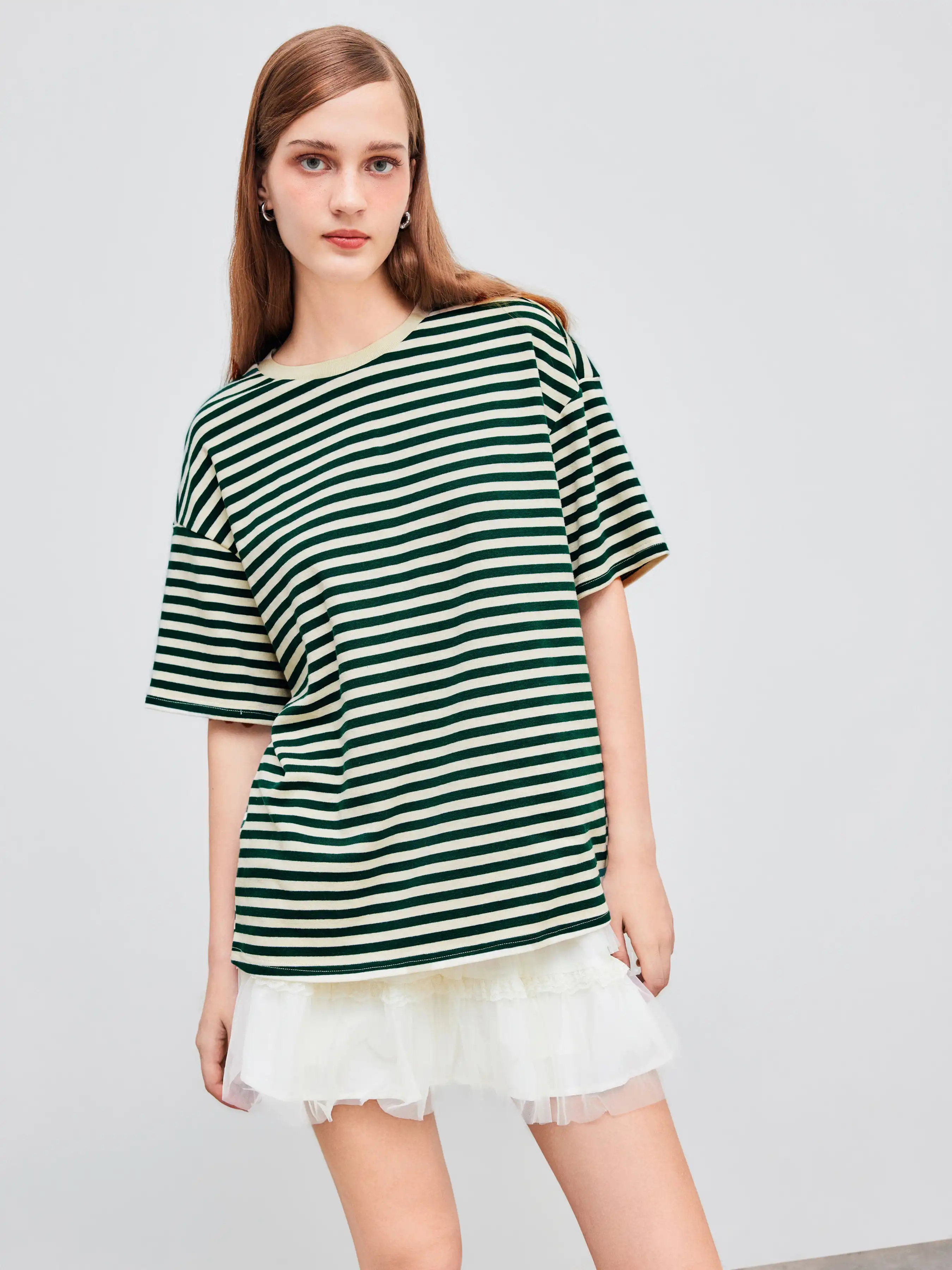 Cotton-blend Round Neck Striped Oversized Short Sleeve Tee