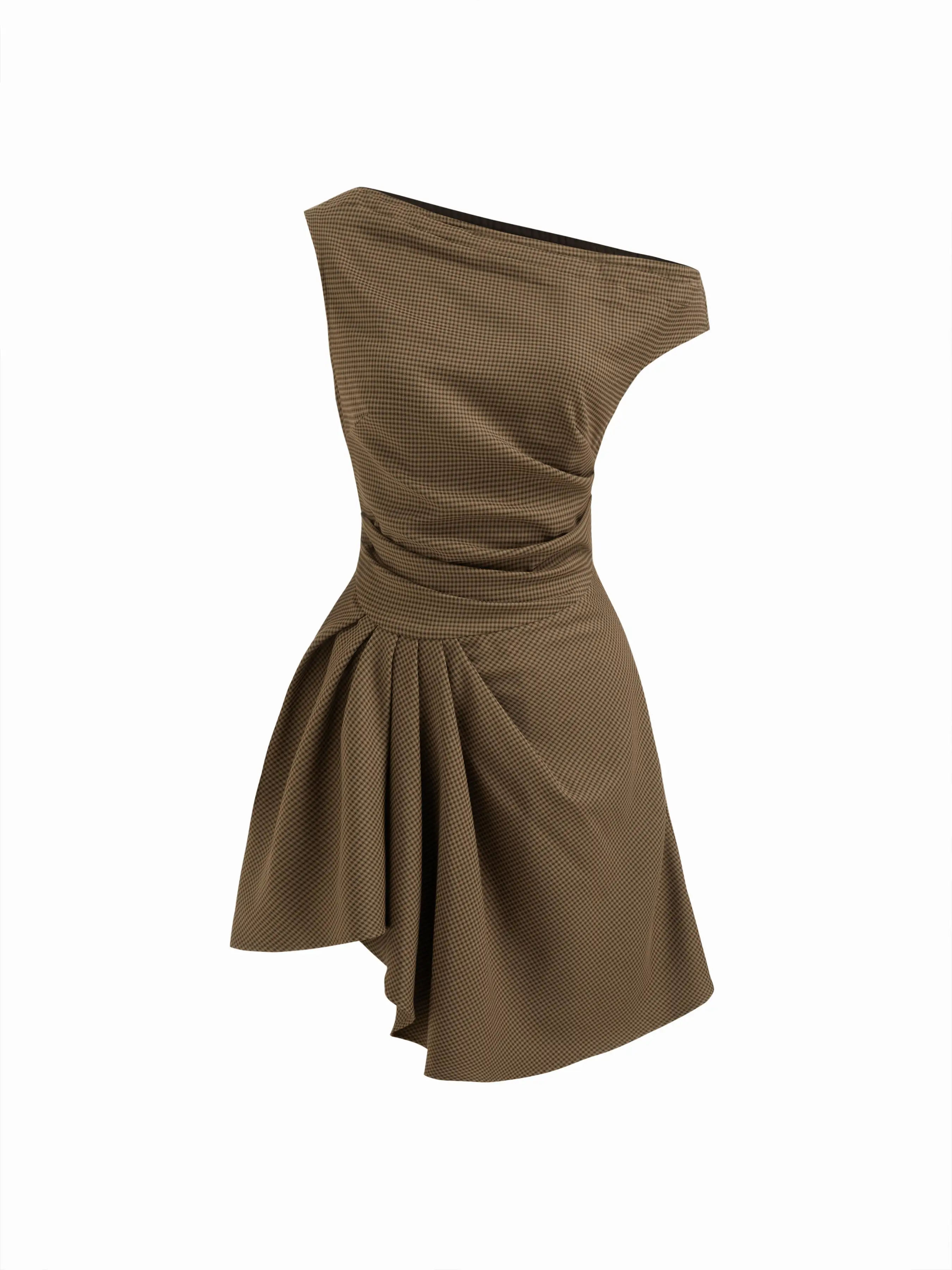 Asymmetrical Neck Check Ruched Pleated Tie Back Mini Dress
