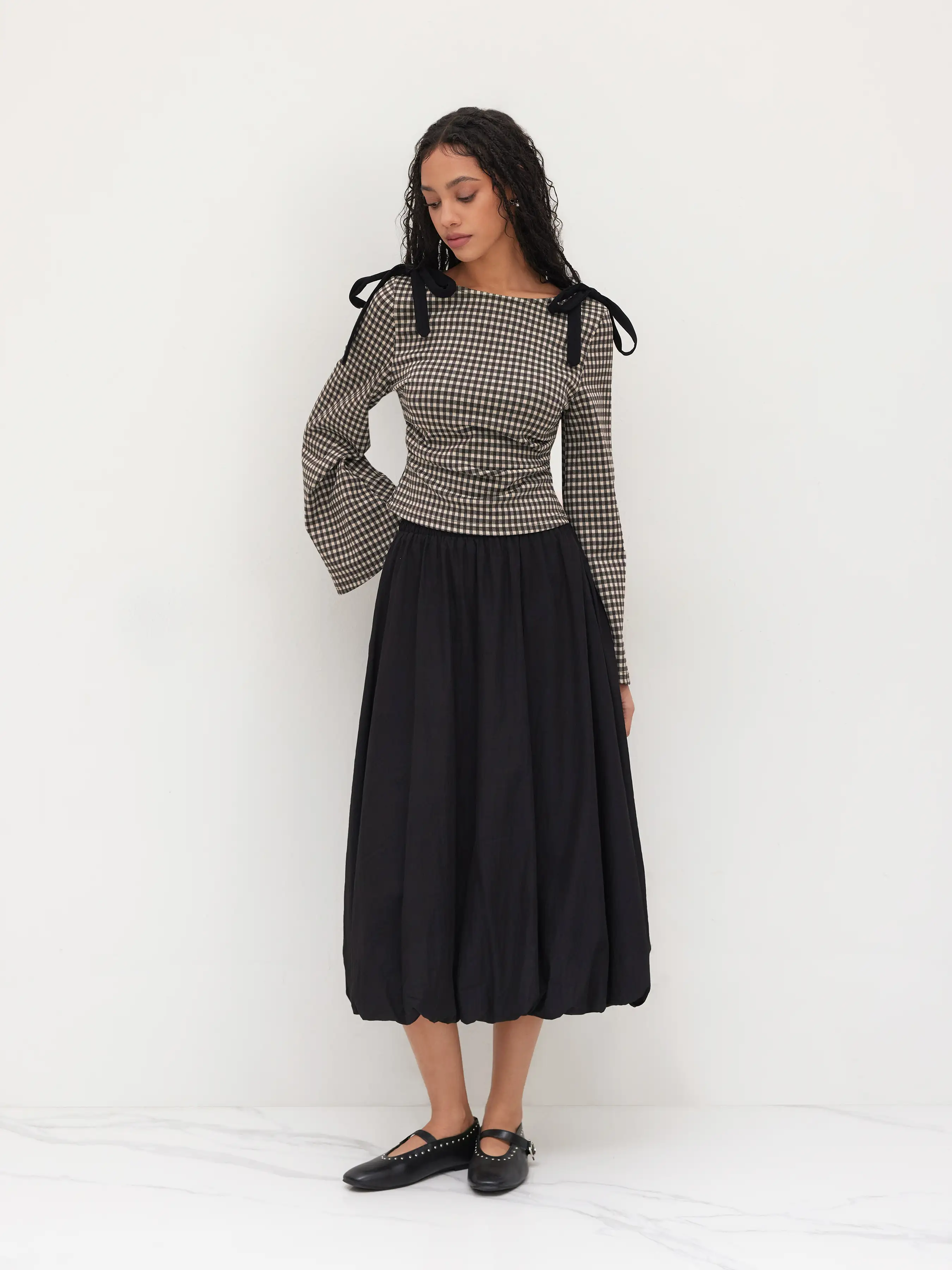Boat Neck Gingham Bowknot Ruched Long Sleeve Top