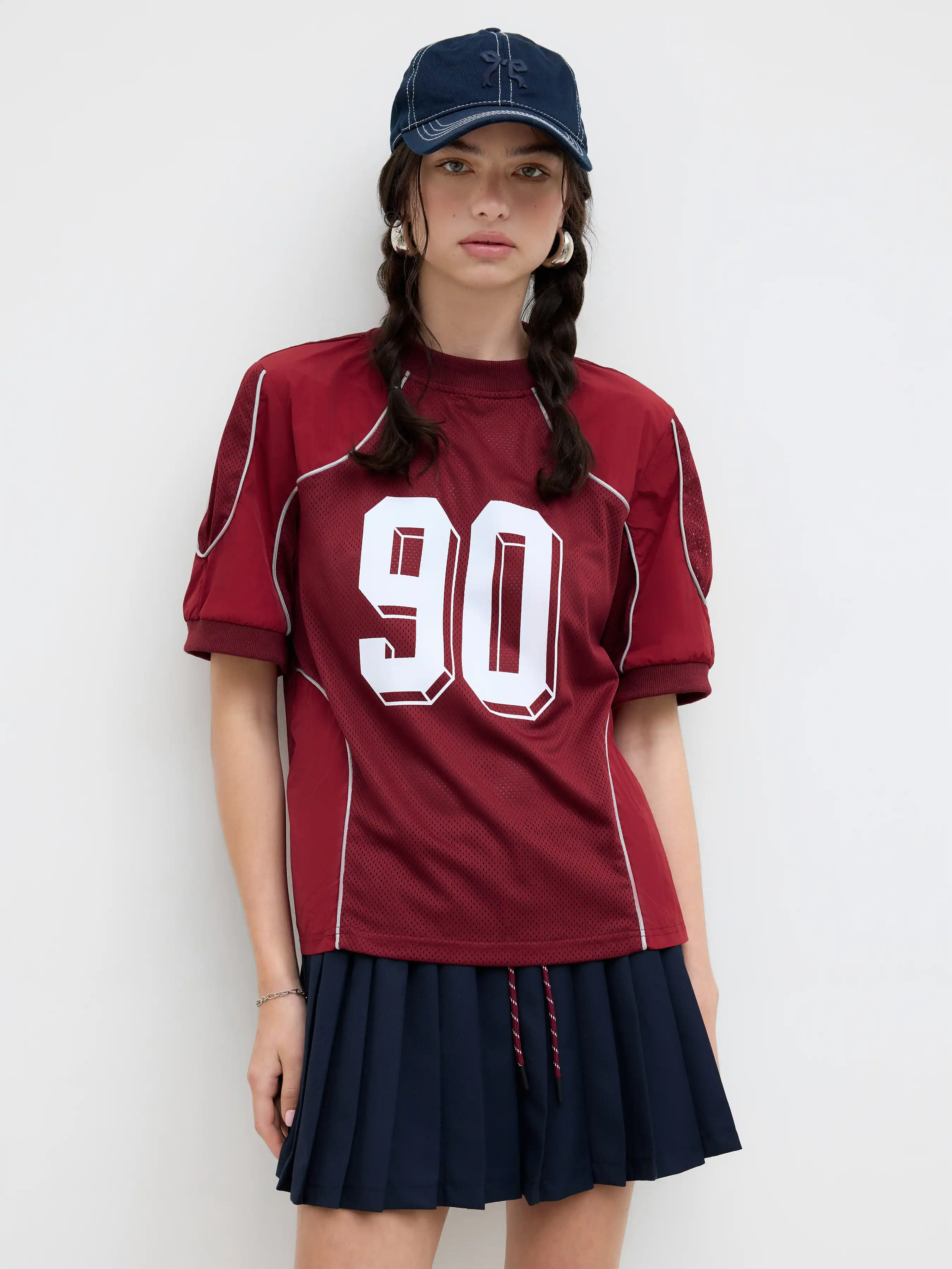 90 Graphic Mesh Contrasting Binding Oversized Tee