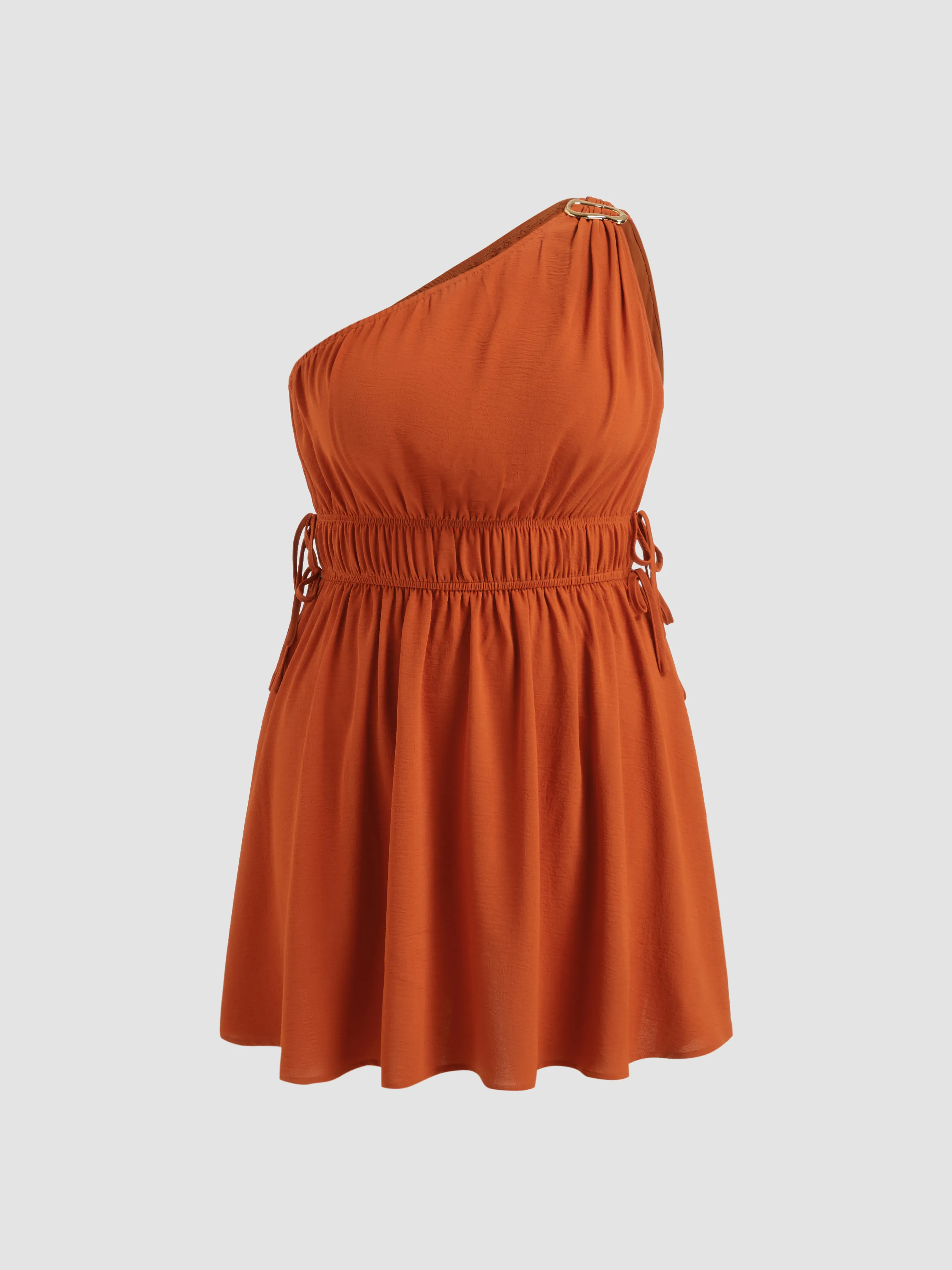 Asymmetrical Neck Buckle Elastic Waist Knotted Mini Dress Curve & Plus