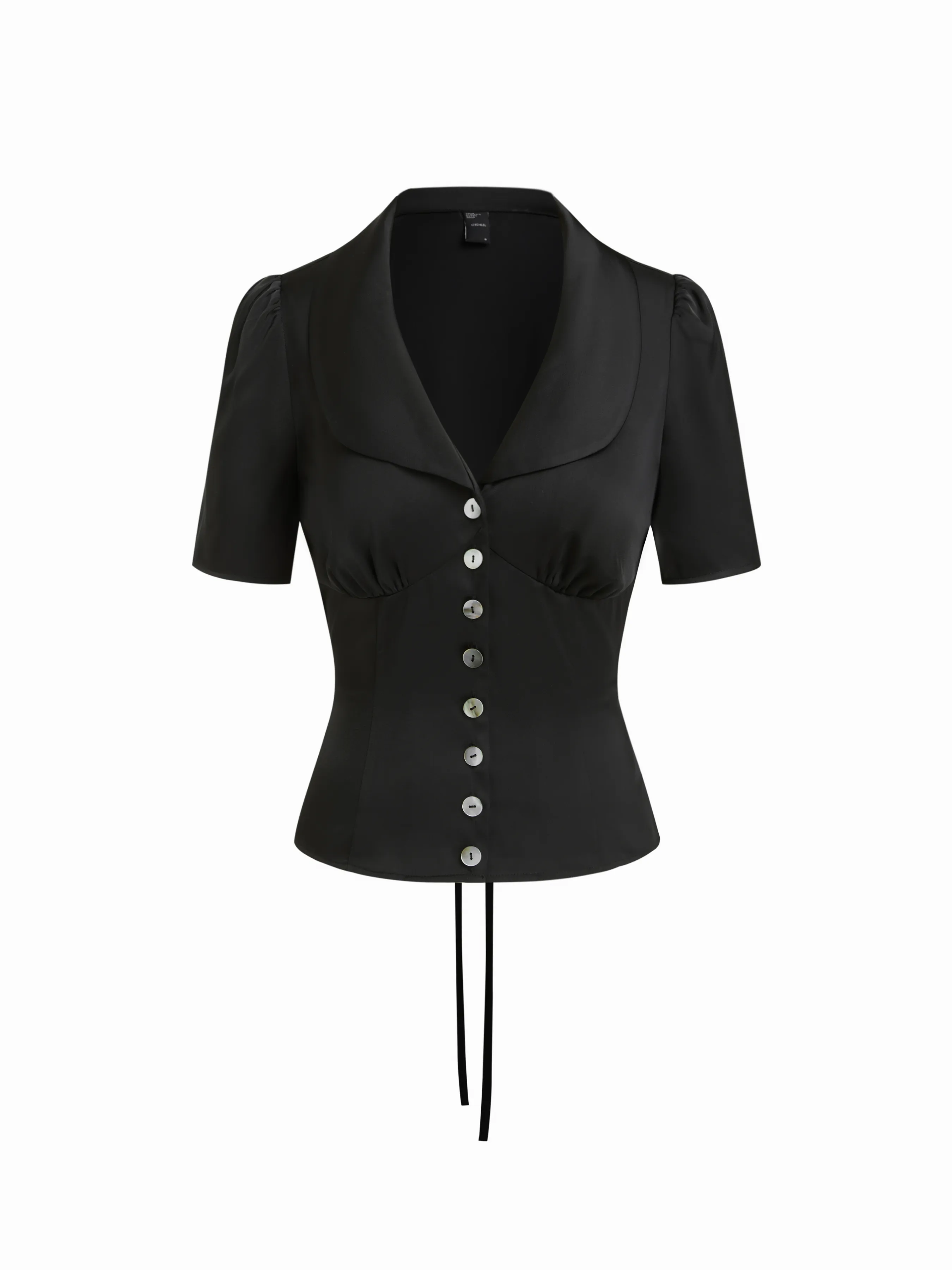 Satin Collar Tie Back Short Sleeve Blouse
