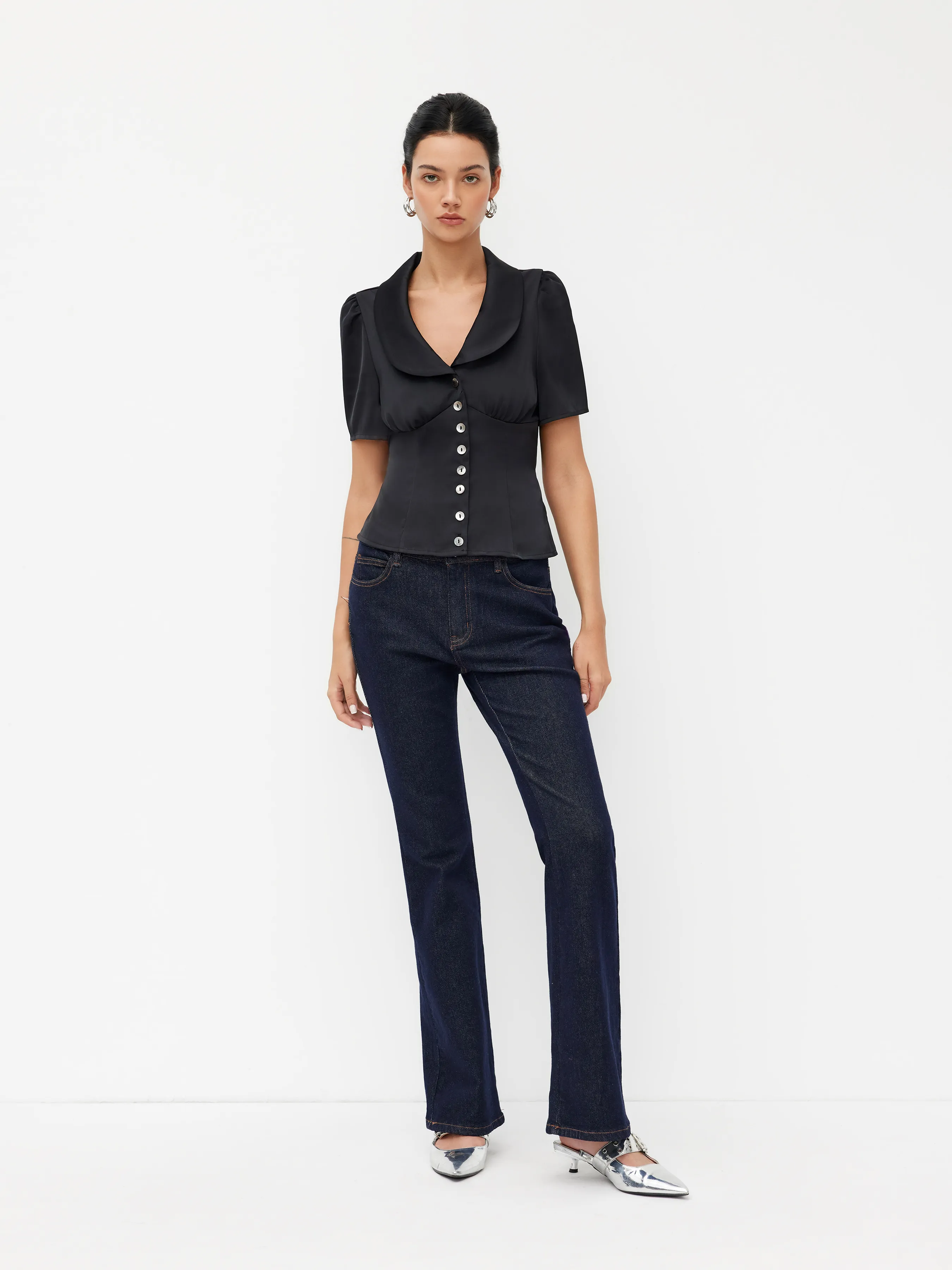 Satin Collar Tie Back Short Sleeve Blouse