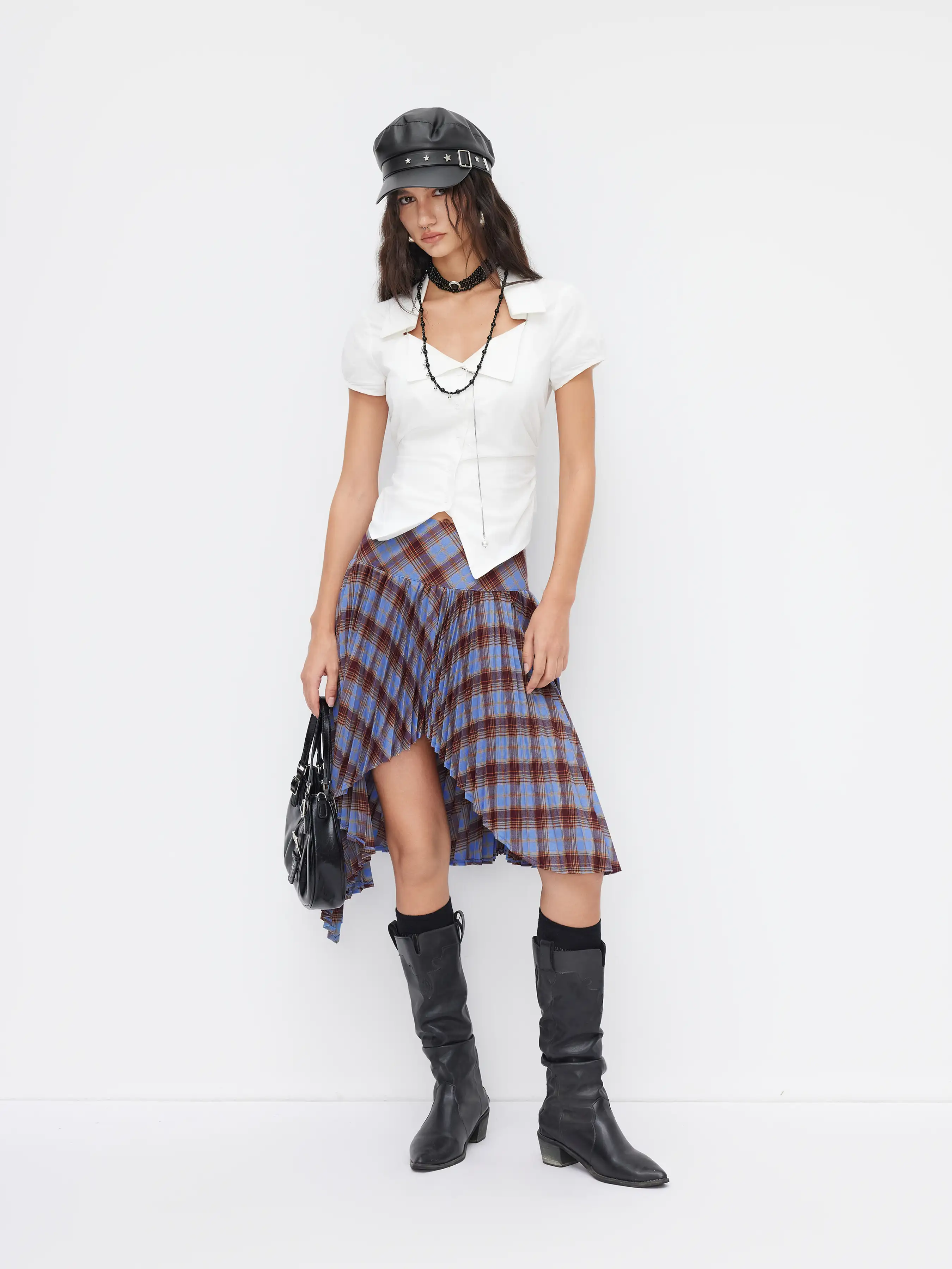 Plaid Mid Rise Asymmetrical Hem Pleated Midi Skirt