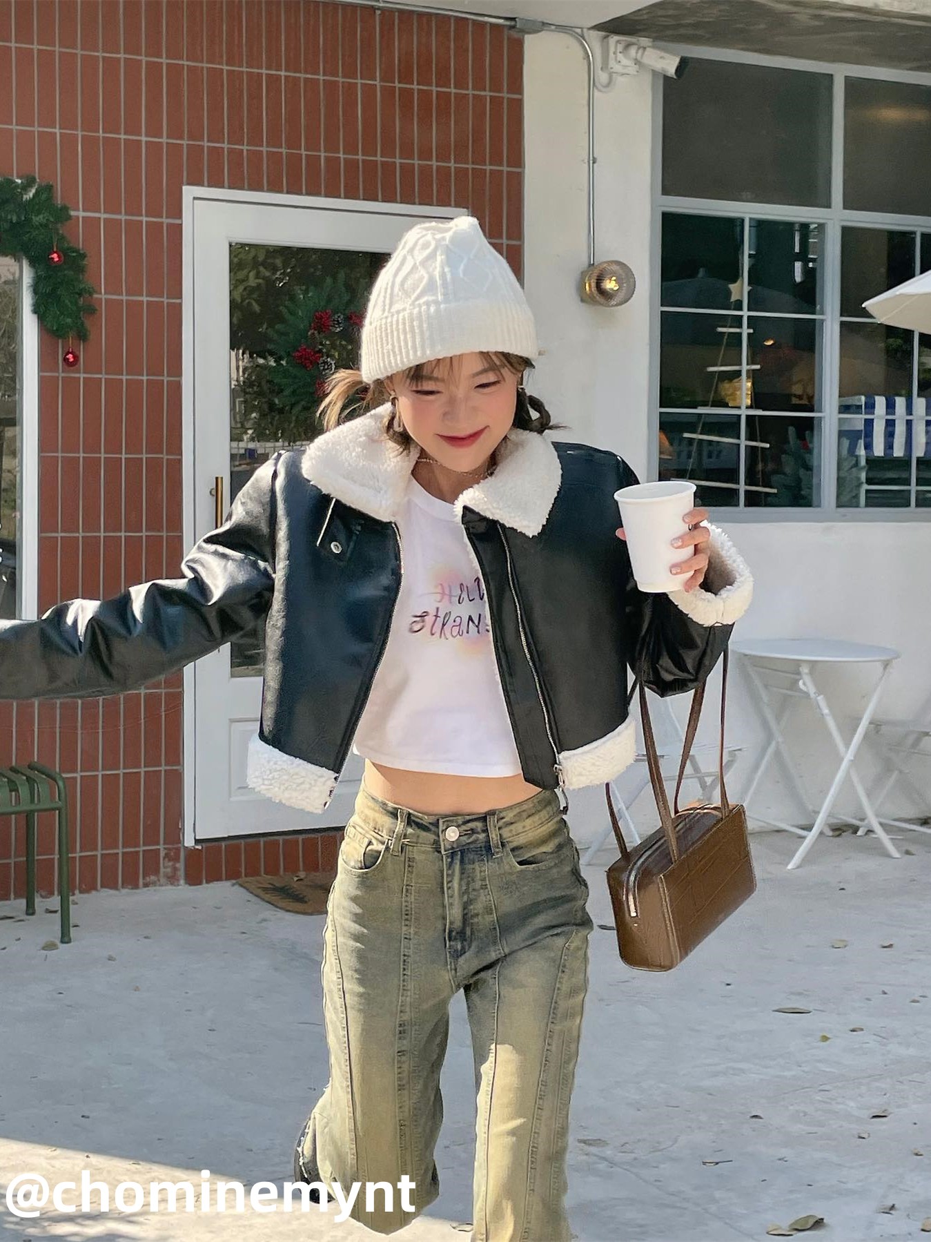 Faux Shearling Collar Crop Jacket