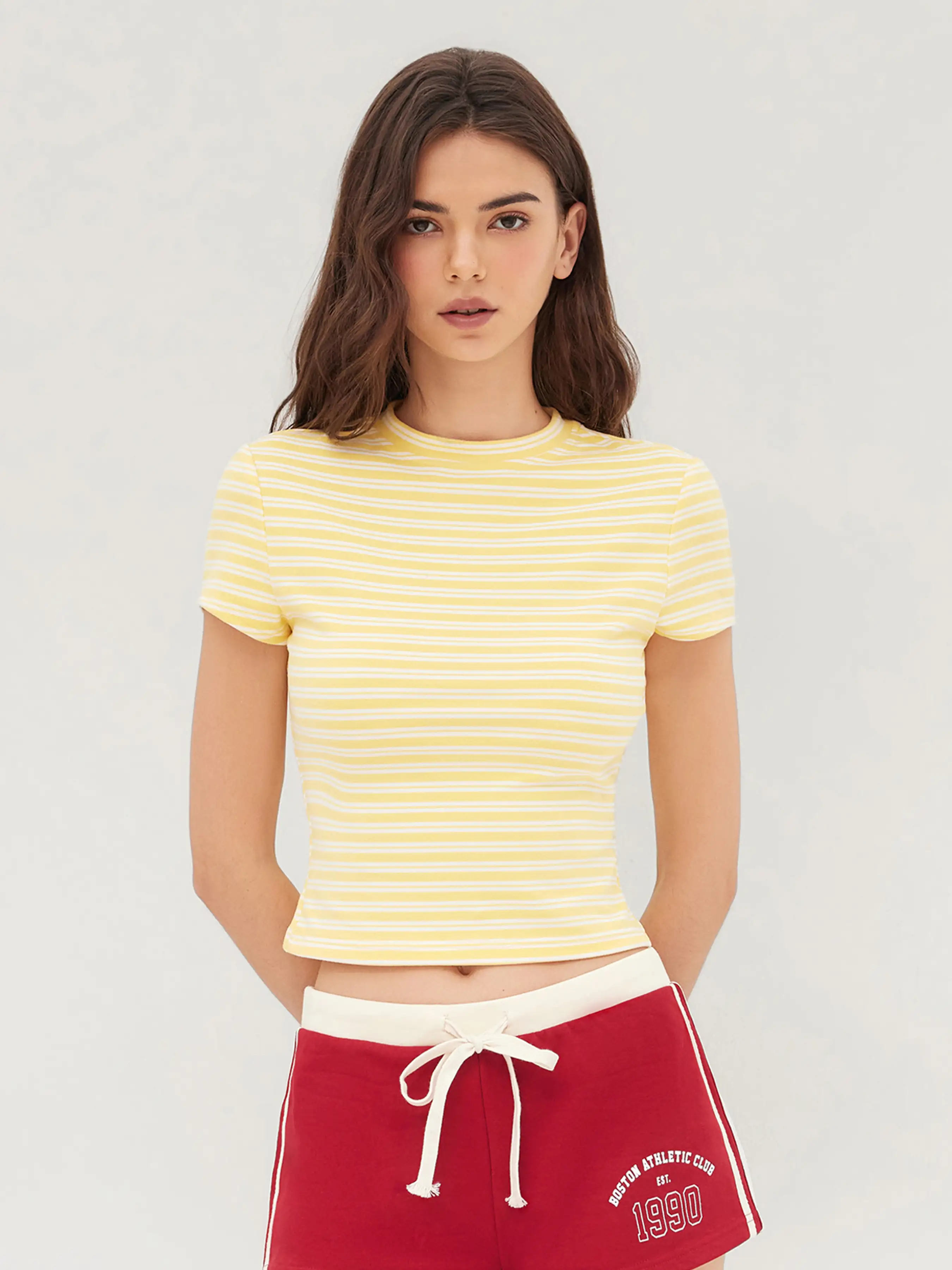Round Neckline Stripe Short Sleeve Tee