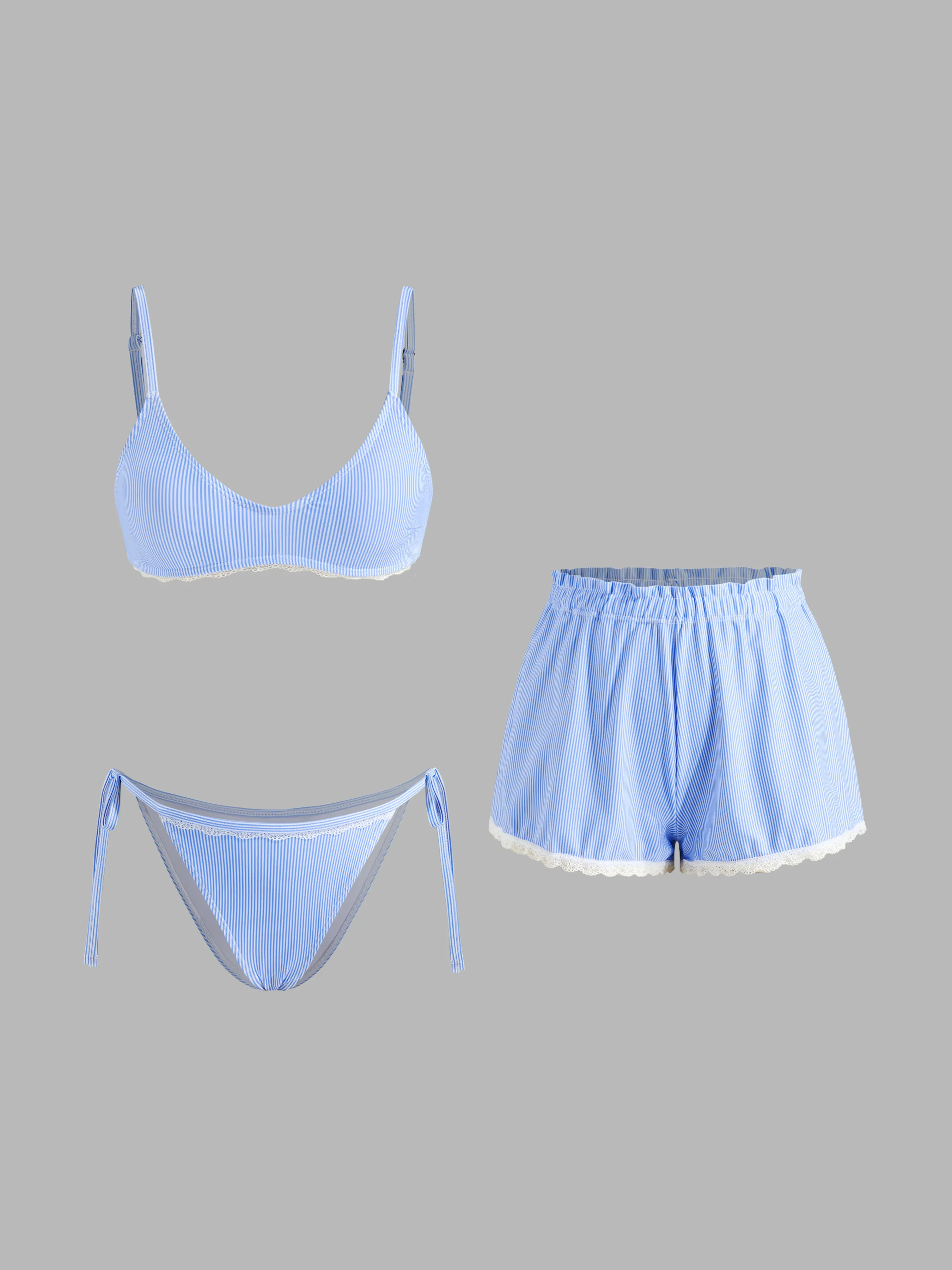 V-neck Stripe Lace Trim Bracelet Bikini Set With Cover Up Shorts