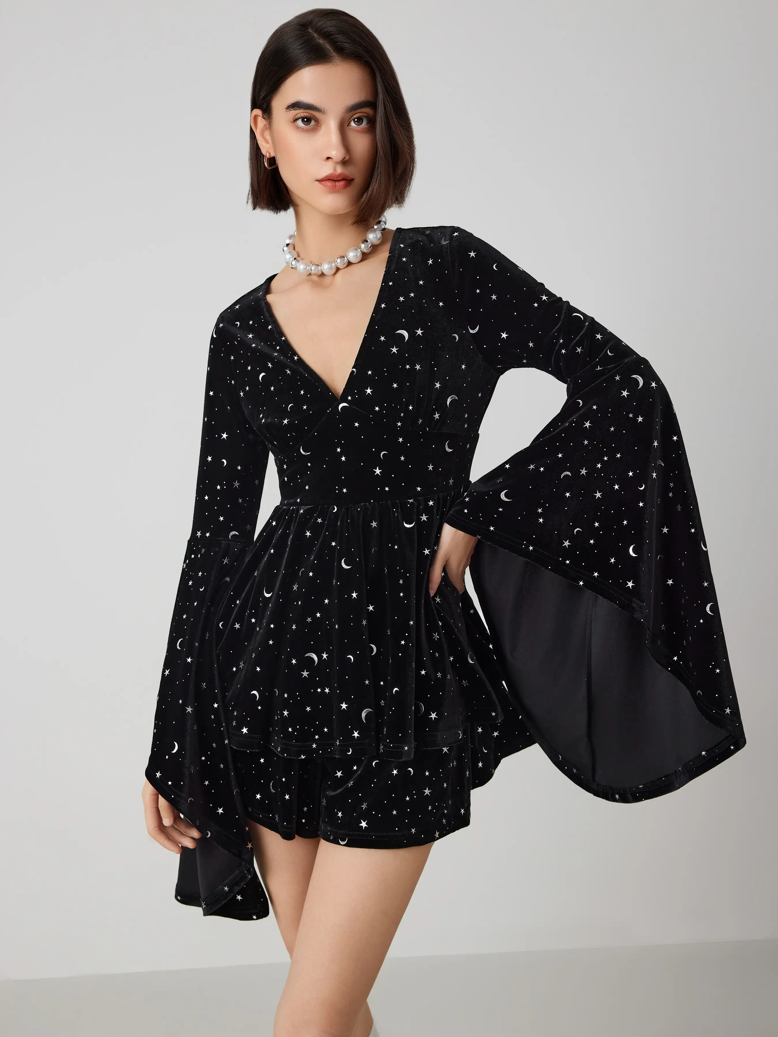 Velvet V-neck Star & Moon Pattern Bell Sleeve Romper