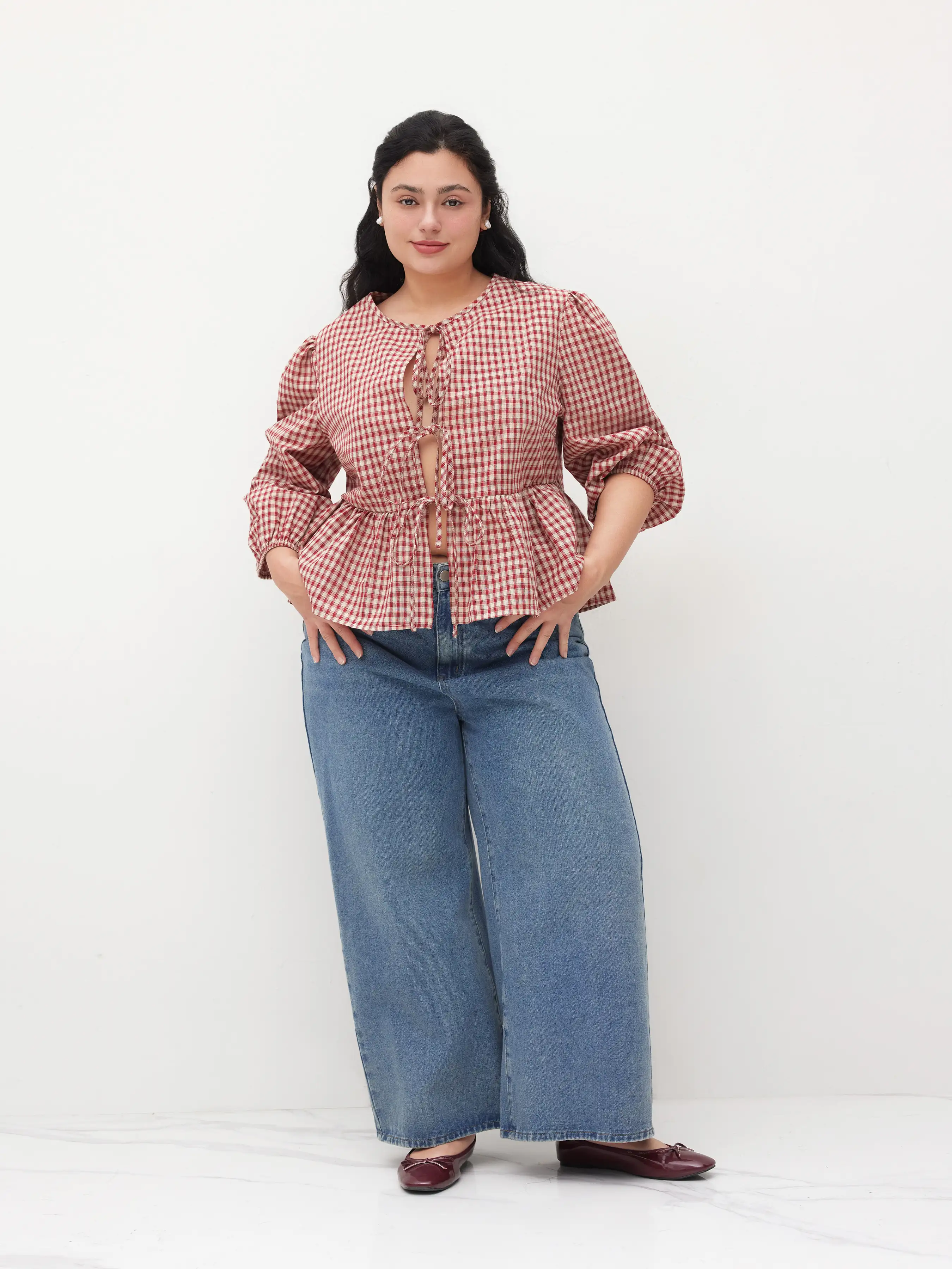 7140-100-cotton-round-neckline-gingham-tie-front-ruffle-hem-long-sleeve-blouse-curve-plus-1.webp